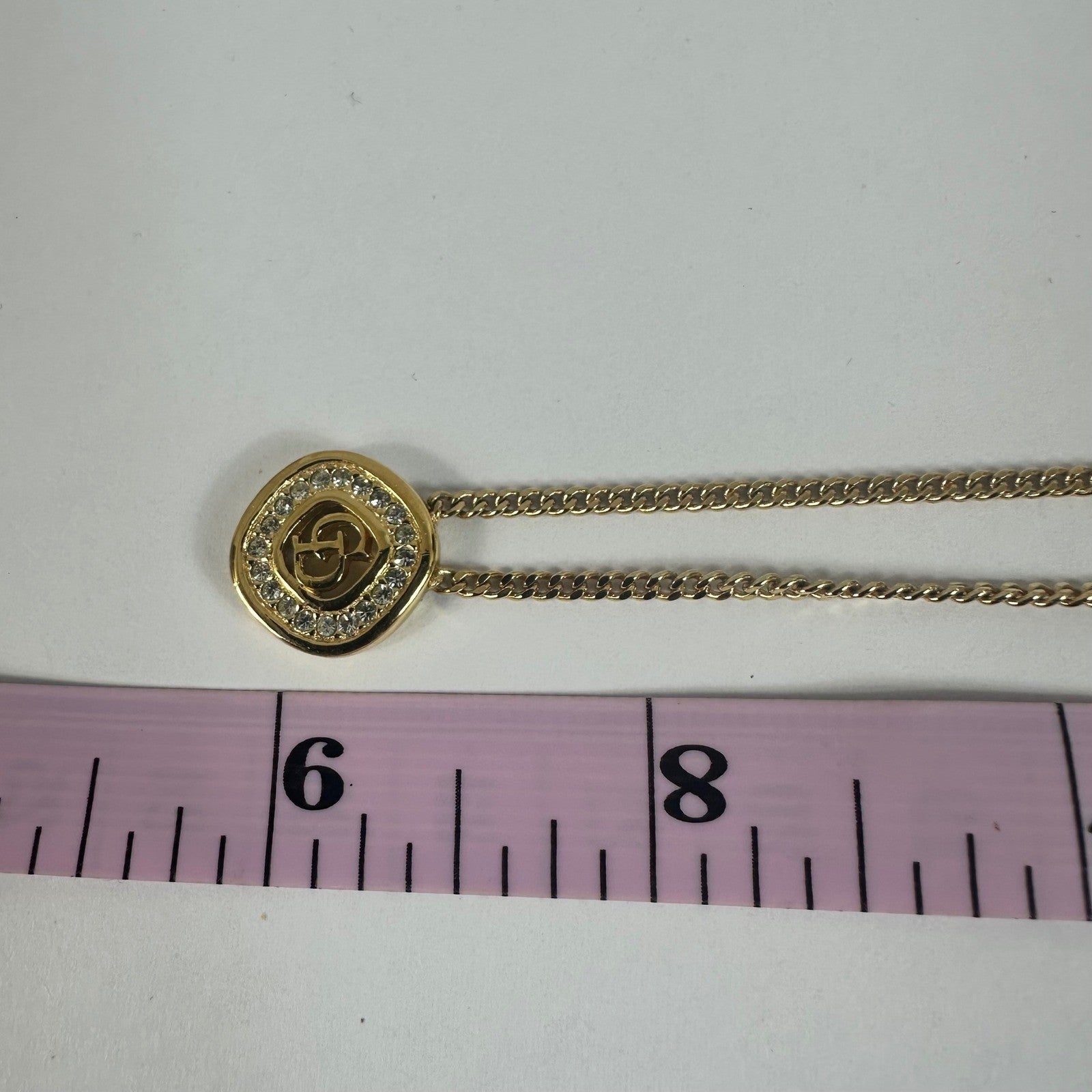 Vintage Christian Dior CD Logo Gold Crystal Pendant Necklace Chain