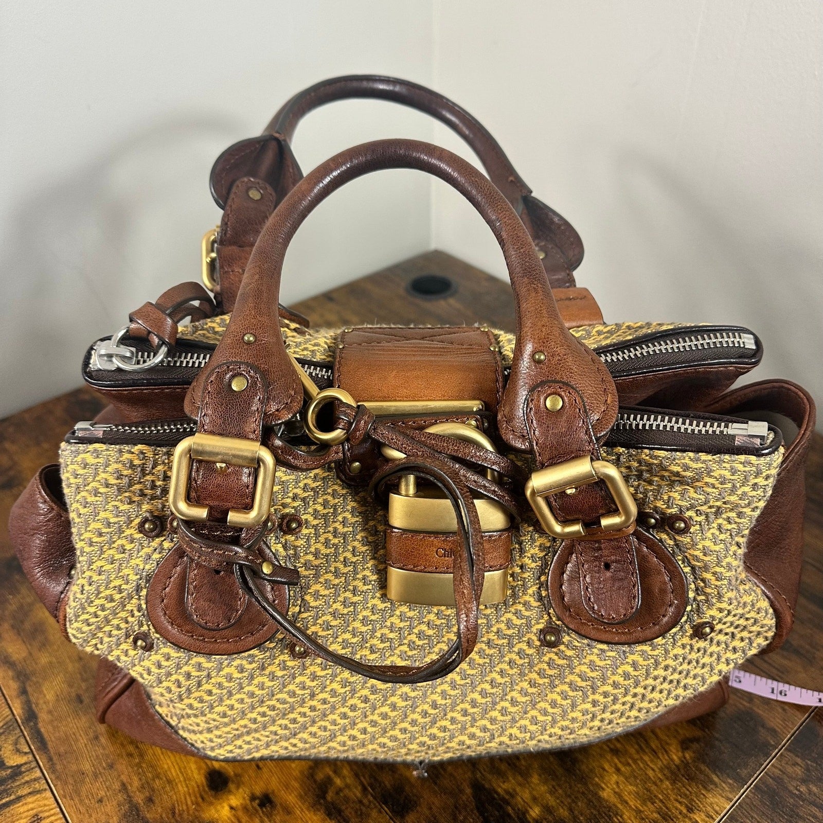 Vintage Chloe Paddington Leather & Tweed Satchel Bag Large 