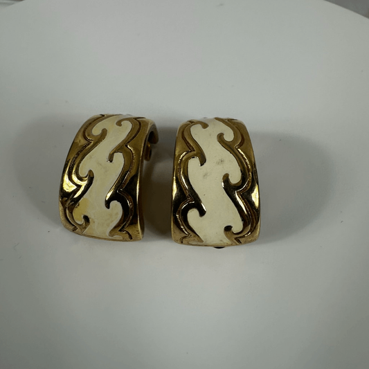 Christian Dior Vintage Hoop Clip On Earrings White Enamel Gold Tone Signed