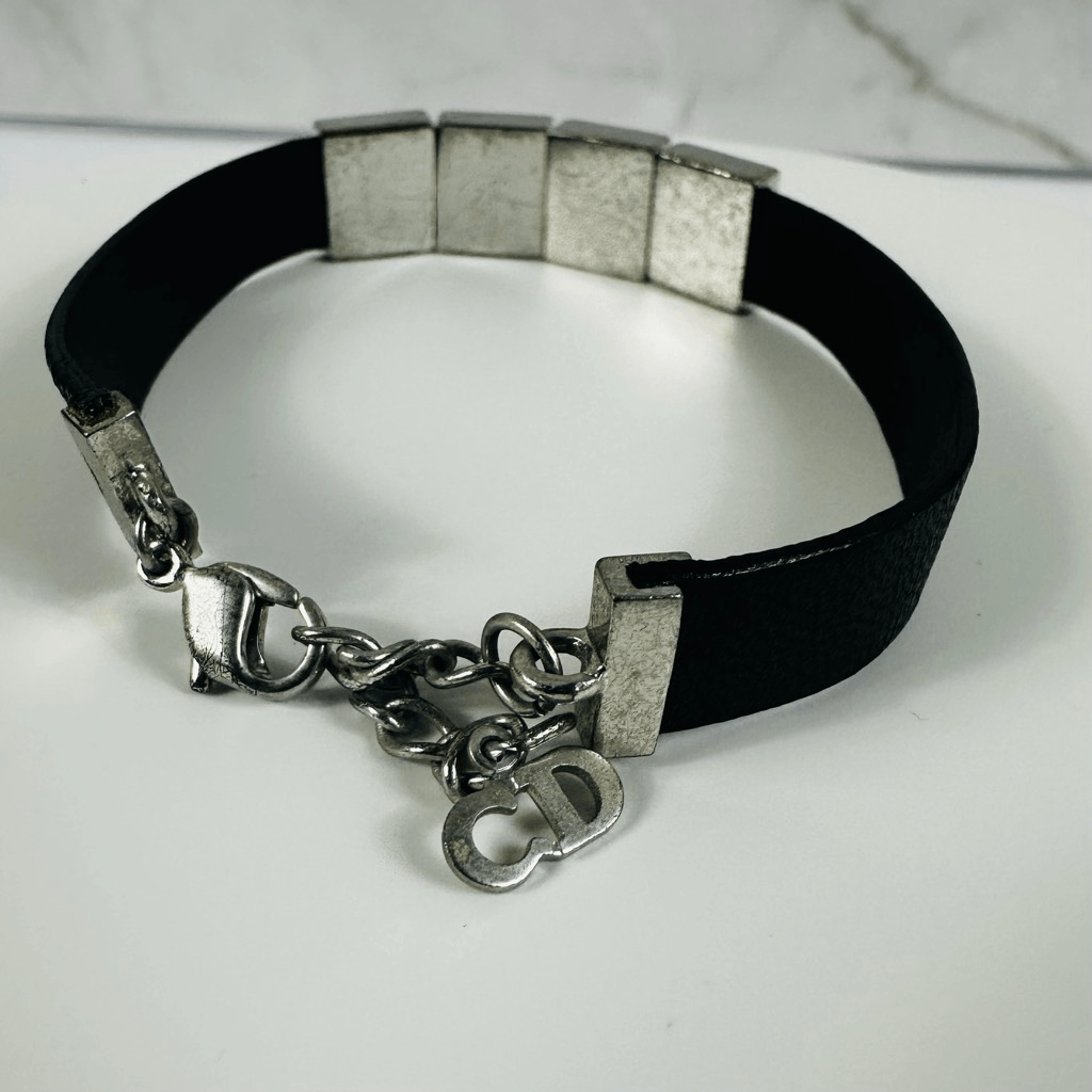 Christian Dior Leather Silver Tone Adjustable Bracelet