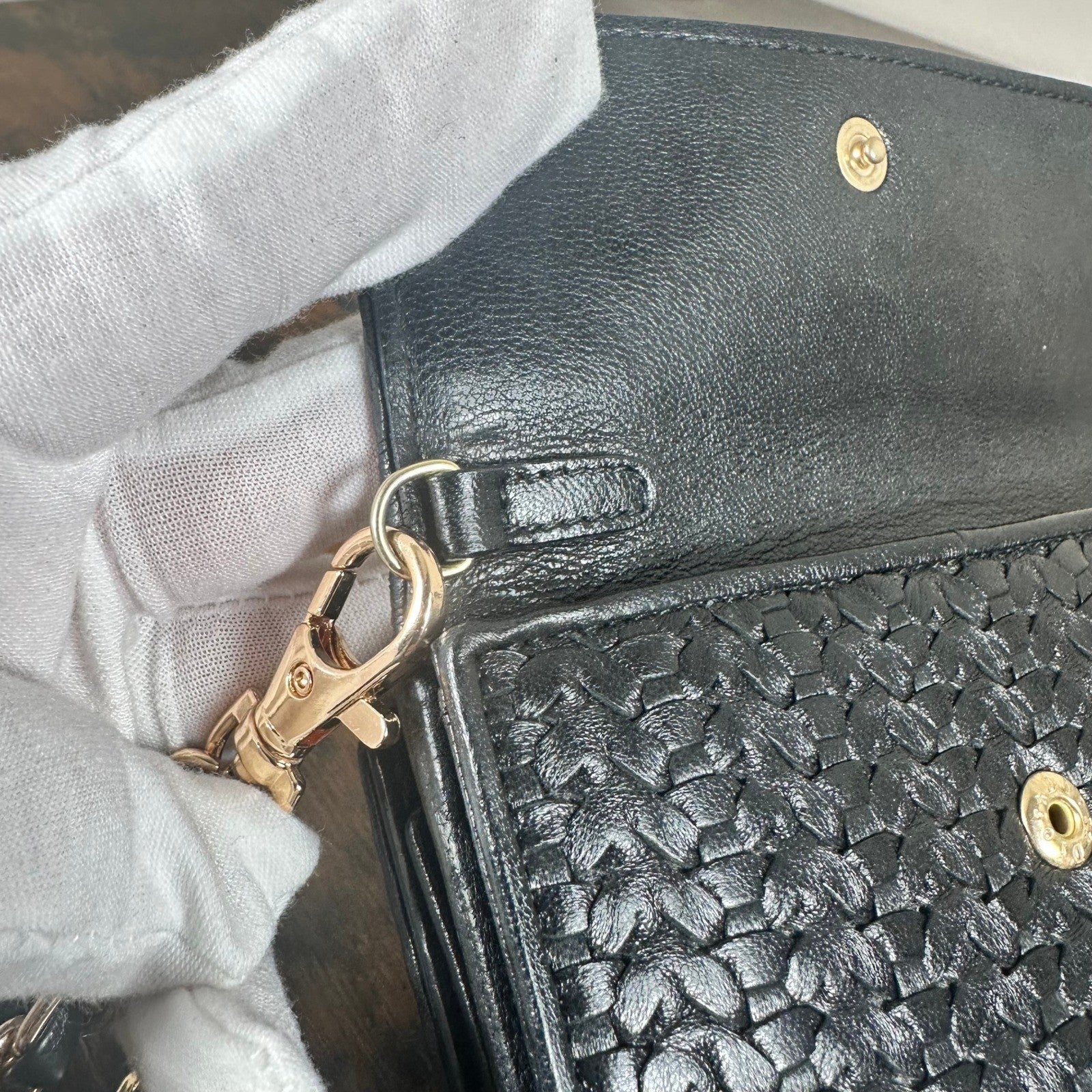 Christian Dior Black Woven Leather Wallet Wristlet Chain Strap Authentic Vintage