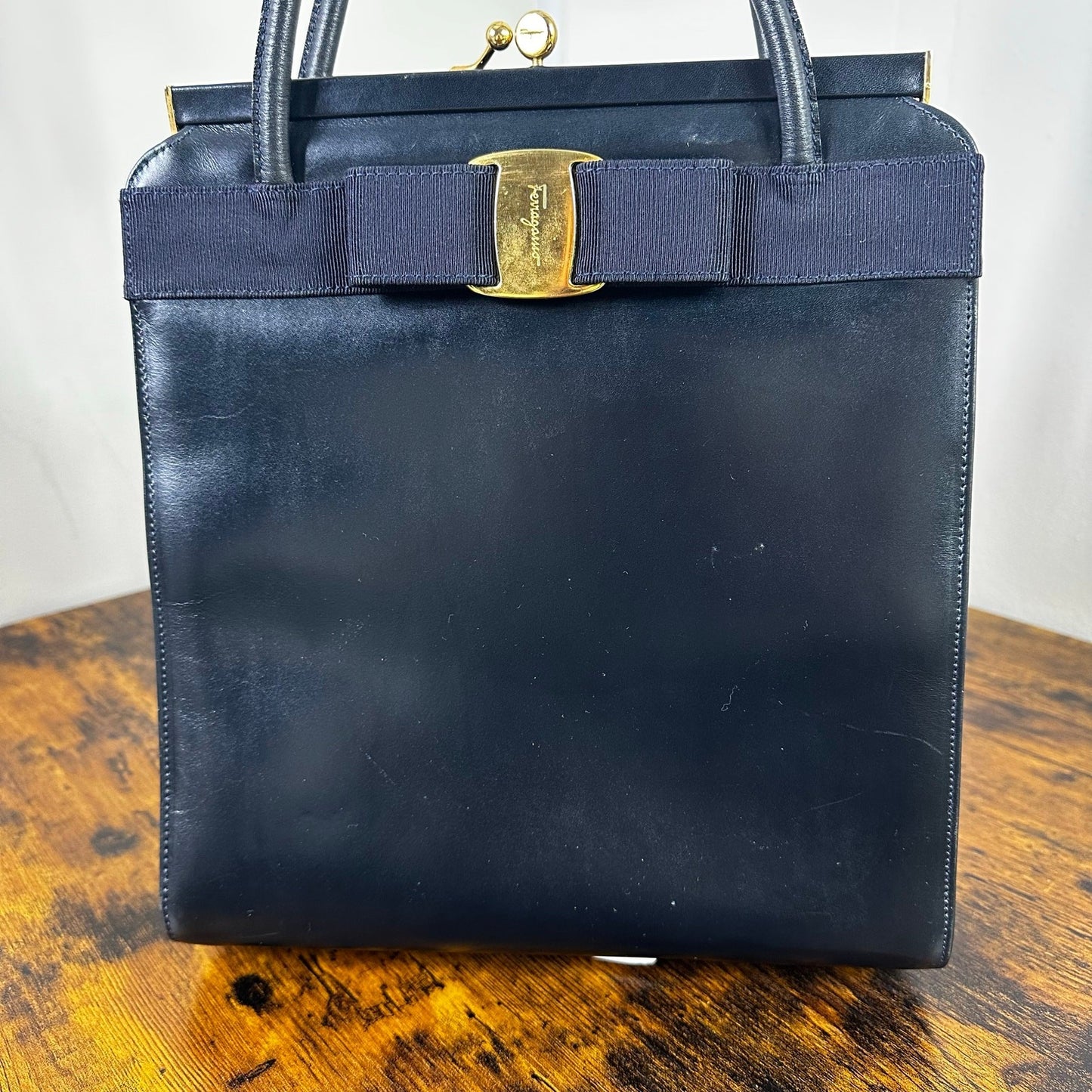 Salvatore Ferragamo Vara Vintage Shoulder Bag Navy Blue Leather