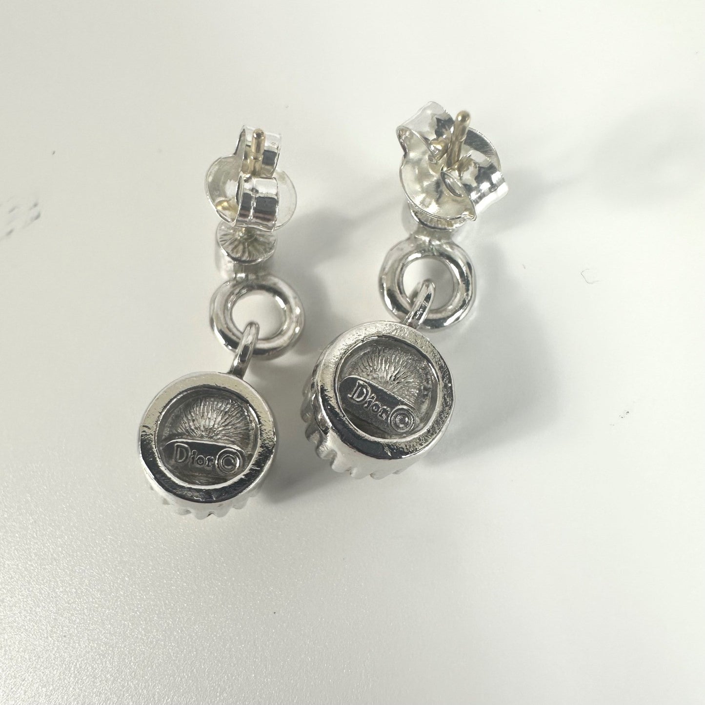 Dior Silver Tone Dangle Drop Earrings Rhinestone Accent Designer Jewelry