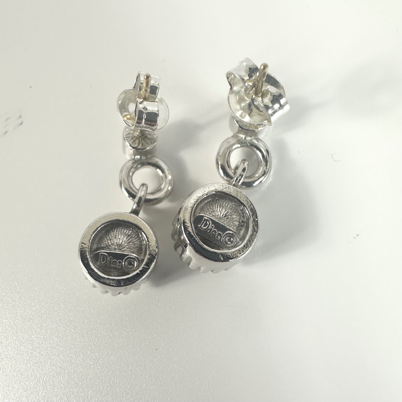 Dior Silver Tone Dangle Drop Earrings Rhinestone Accent Designer Jewelry