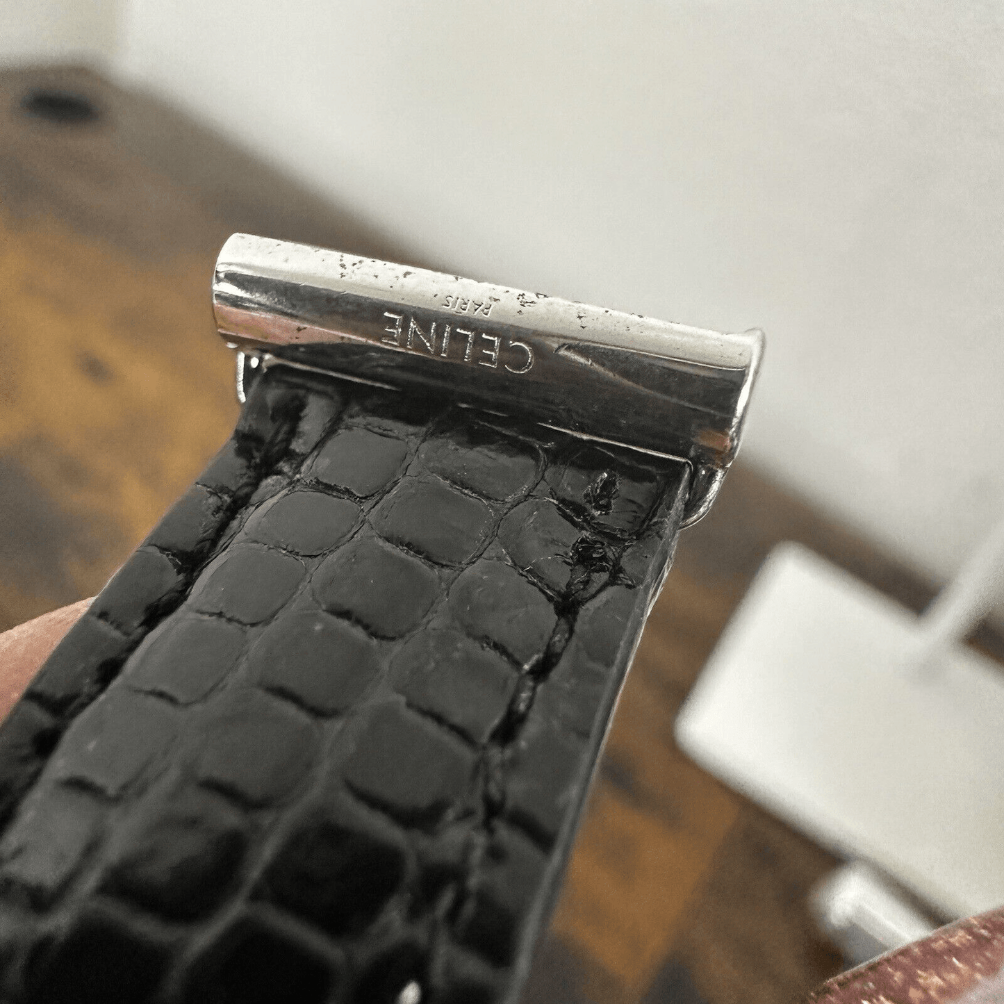 Celine Plaque Bracelet In Lizard And Brass With Certificate Of Authenticity