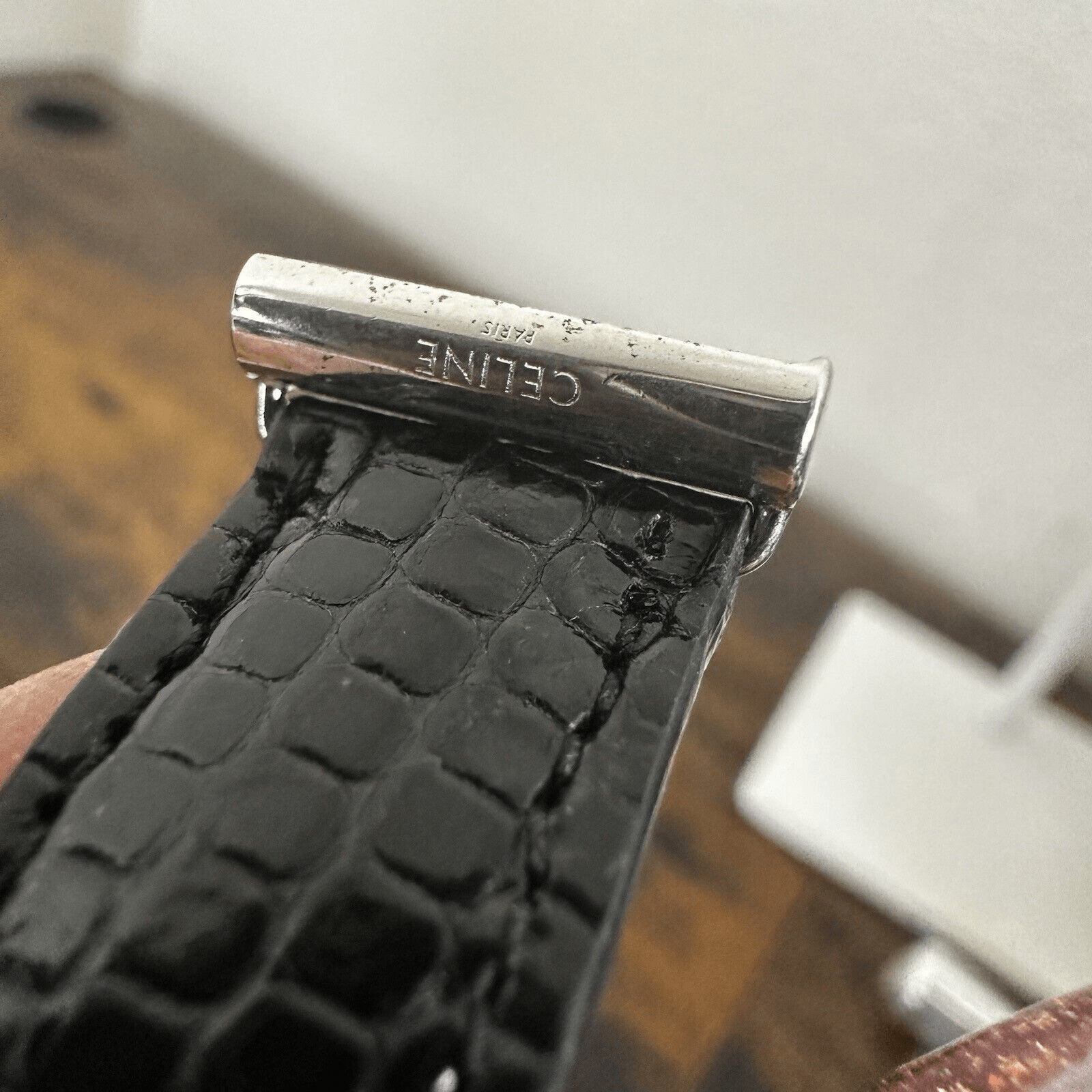 Celine Plaque Bracelet In Lizard And Brass With Certificate Of Authenticity