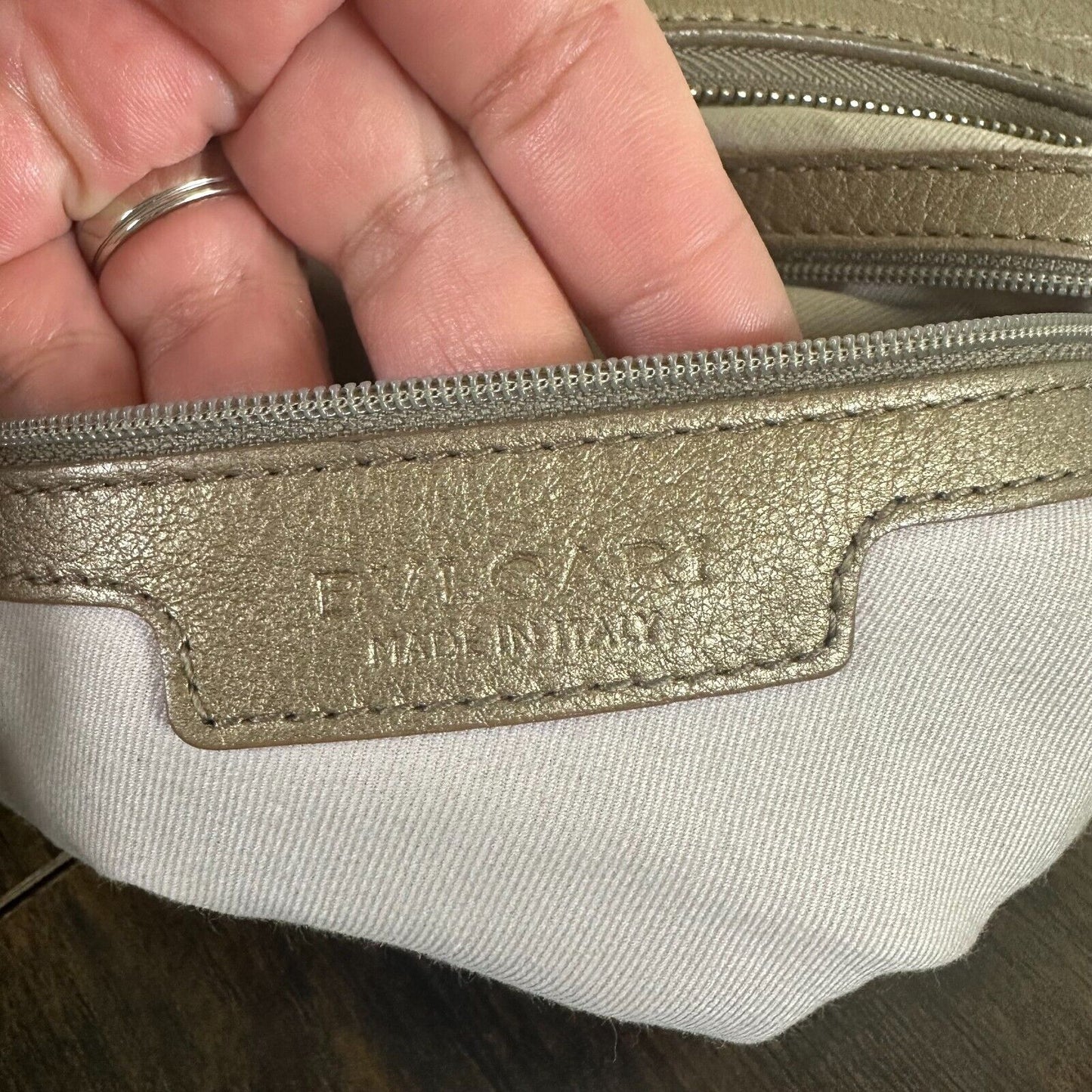 Bvlgari Logo Metallic Beige Leather Shoulder Bag Authenticated W/ COA