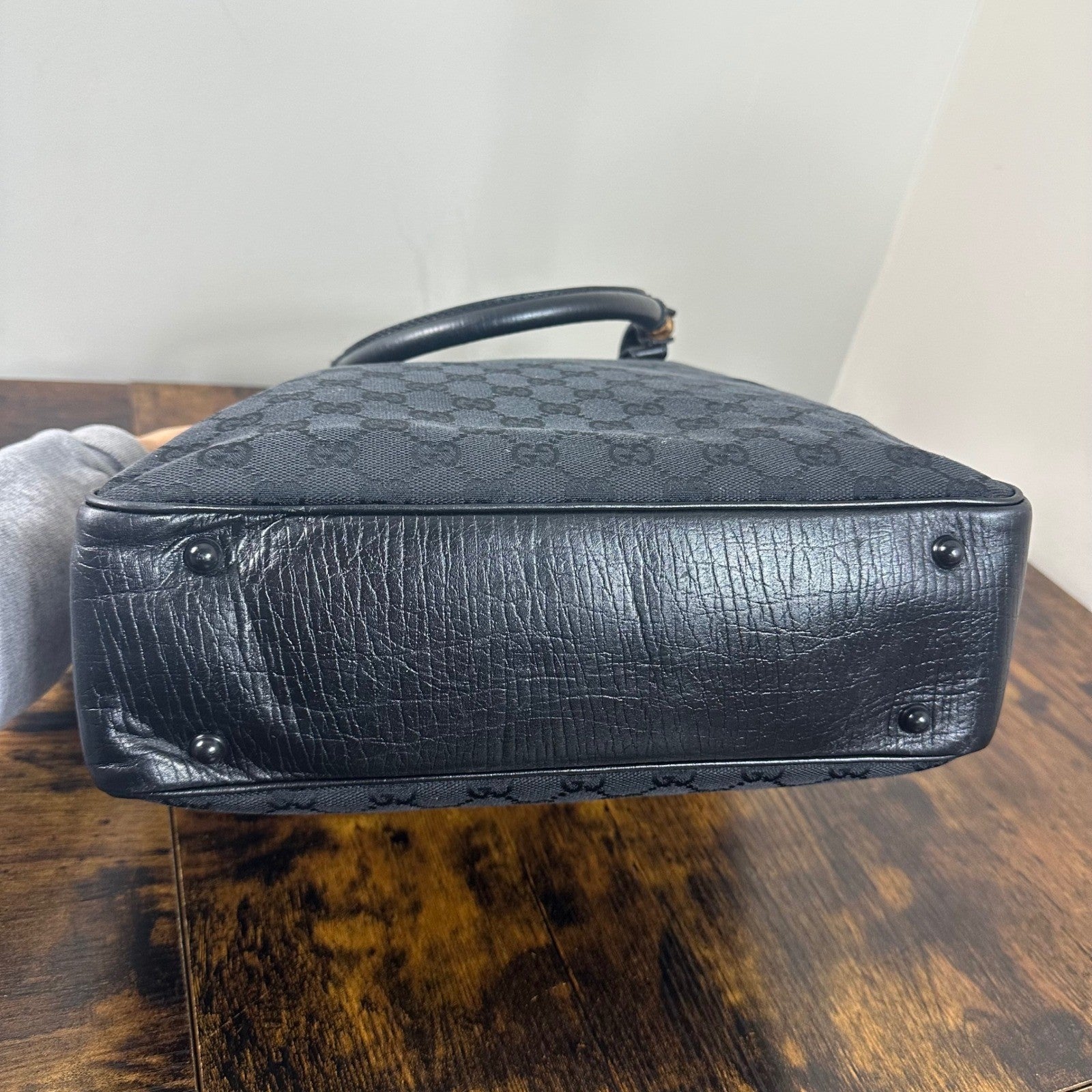 Gucci GG Canvas Bamboo Handle Tote Bag Handbag Black