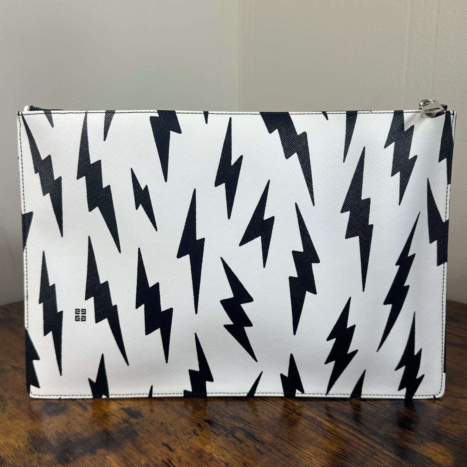 Givenchy Lightning Bolt Print Pouch Clutch Cosmetic Bag Black White