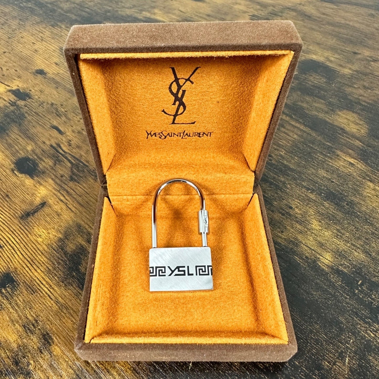 YSL Yves Saint Laurent Padlock Bag Charm Key Ring Silver Greek Key w/Box Vintage