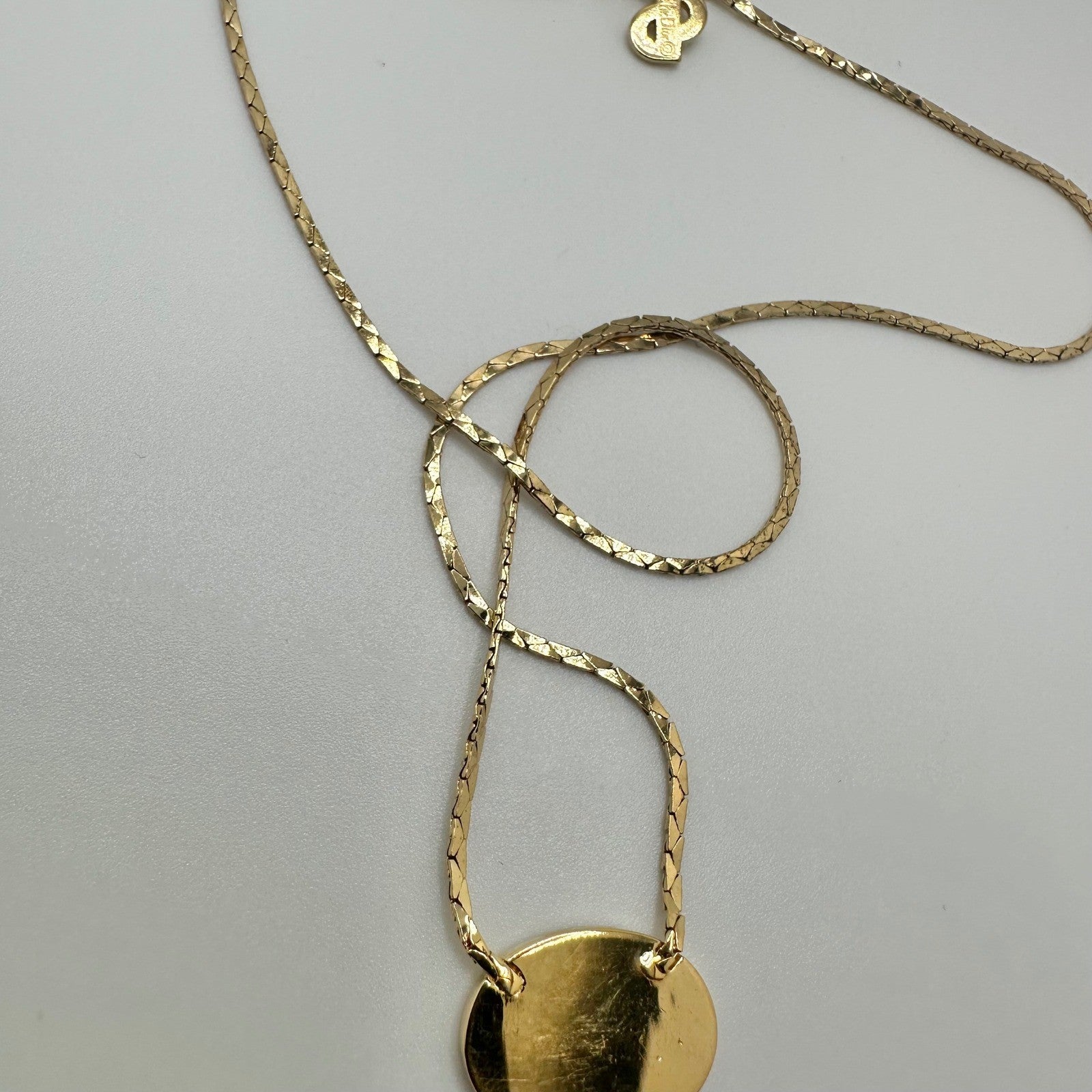 Christian Dior Necklace Gold Tone Rhinestone Logo Pendant Designer Jewelry