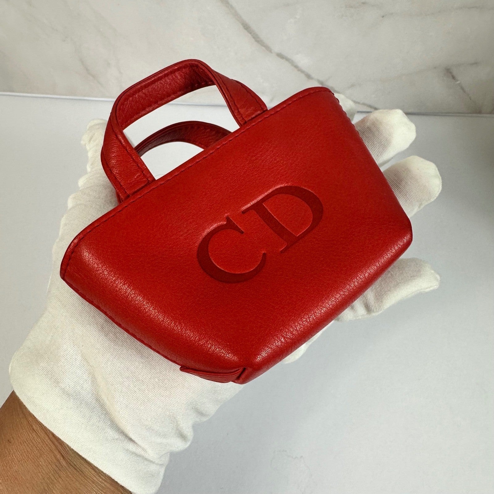 Christian Dior Red Leather Micro Tote Bag CD Logo Charm Handbag