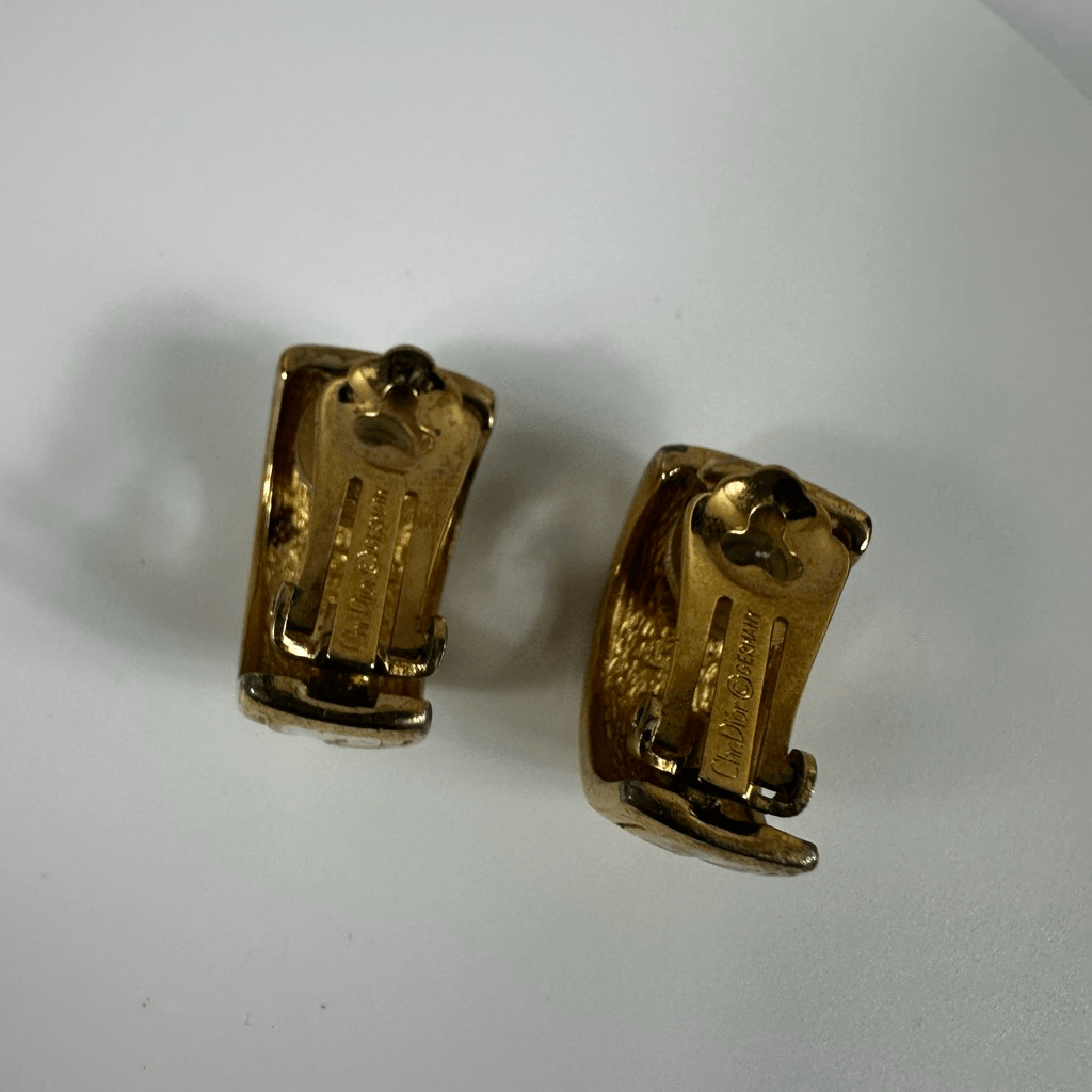 Christian Dior Vintage Hoop Clip On Earrings White Enamel Gold Tone Signed