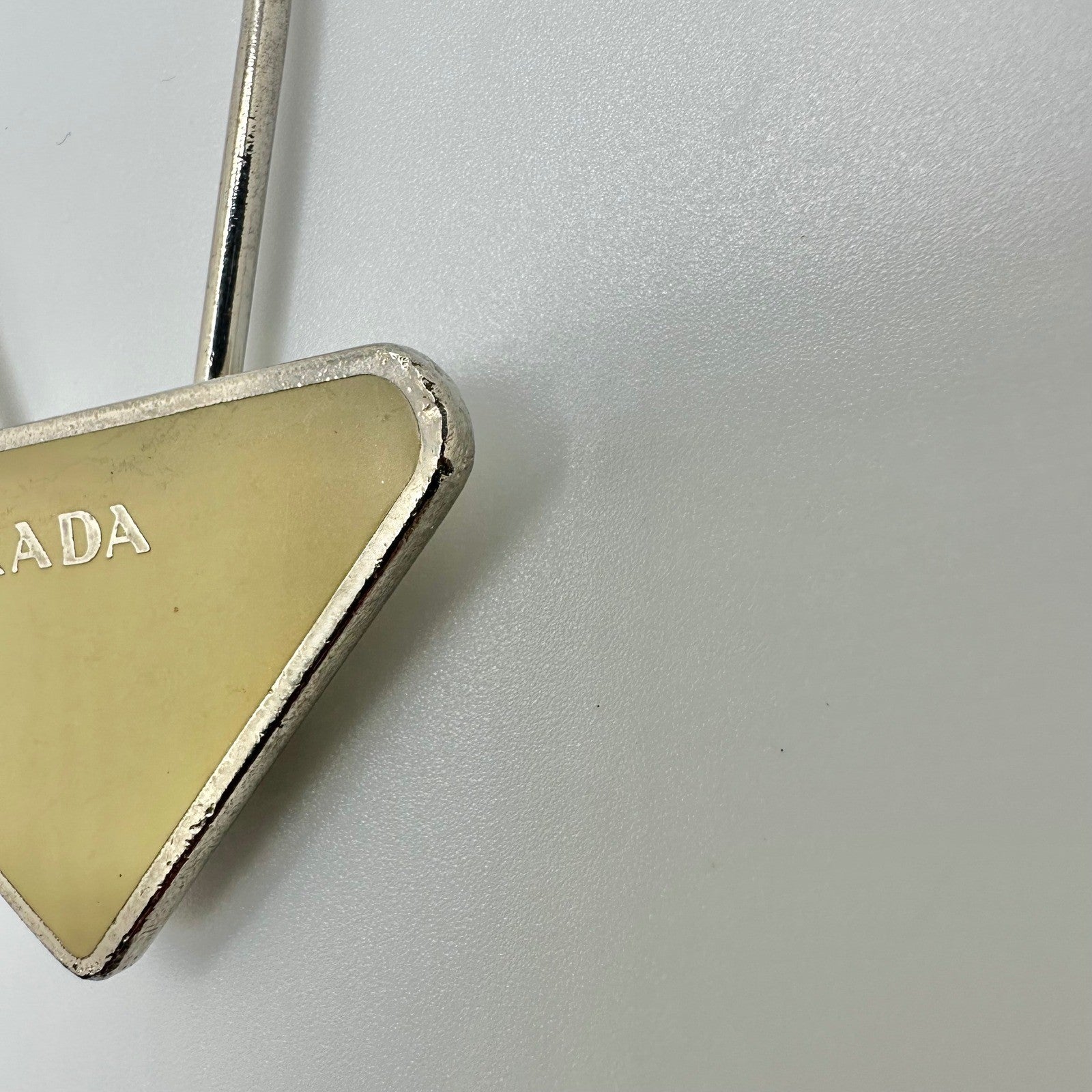 Authentic Prada Triangle Logo Key Ring Keychain Yellow Enamel Silver Tone