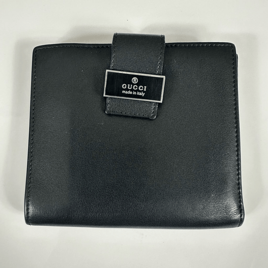 Gucci Trademark Plate Black Leather Compact Wallet