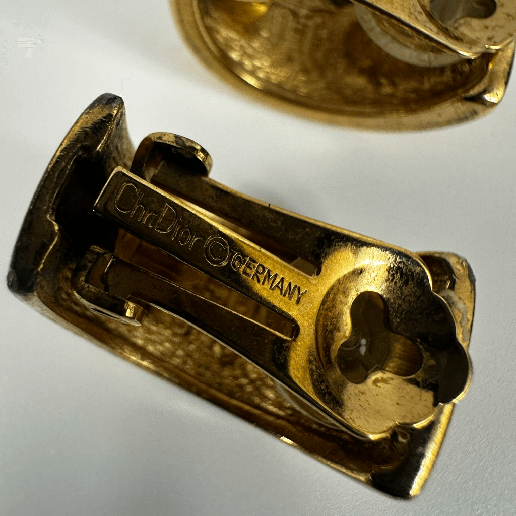 Christian Dior Vintage Hoop Clip On Earrings White Enamel Gold Tone Signed