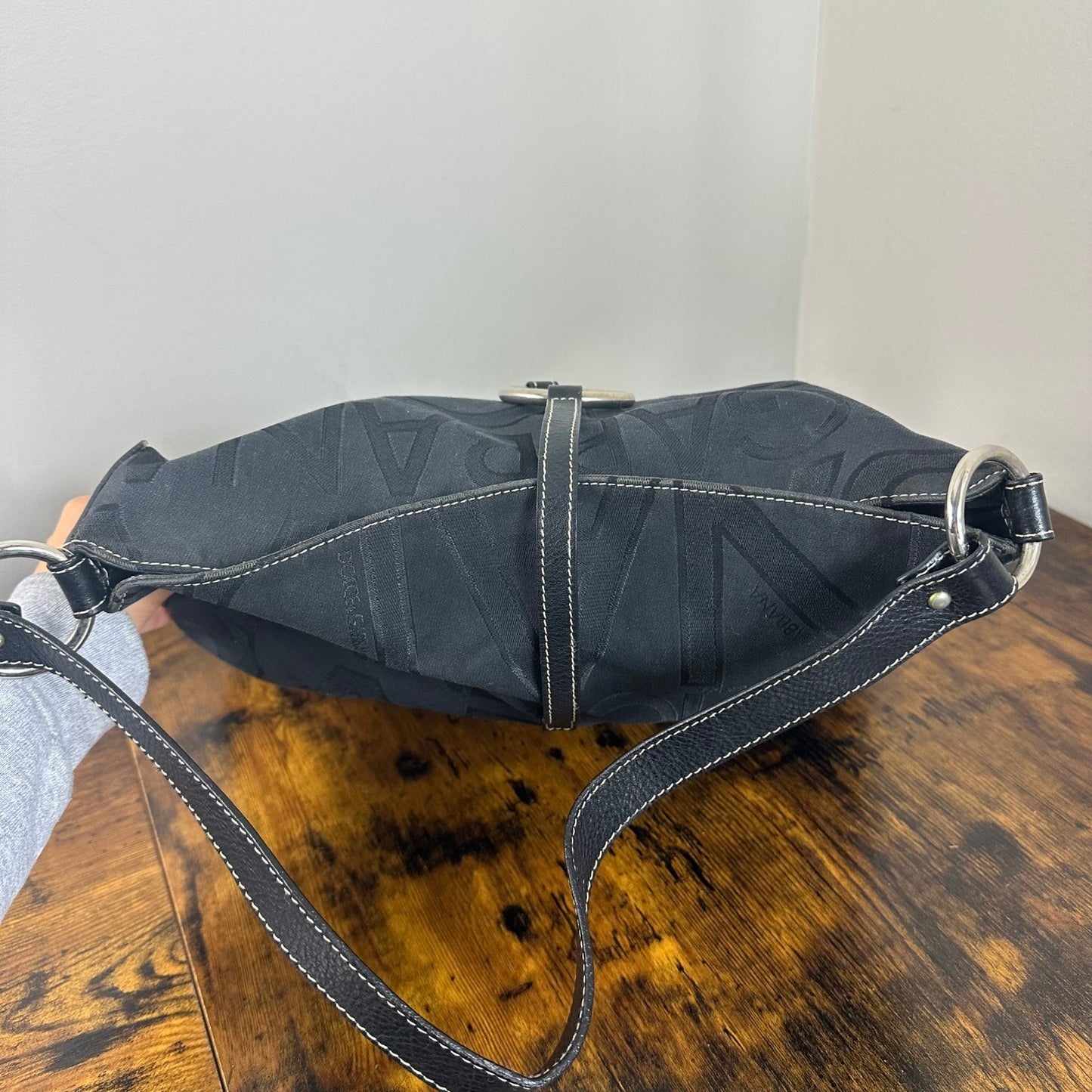 Dolce & Gabbana Black Logo Jacquard Hobo Shoulder Bag Leather Trim Ring Detail