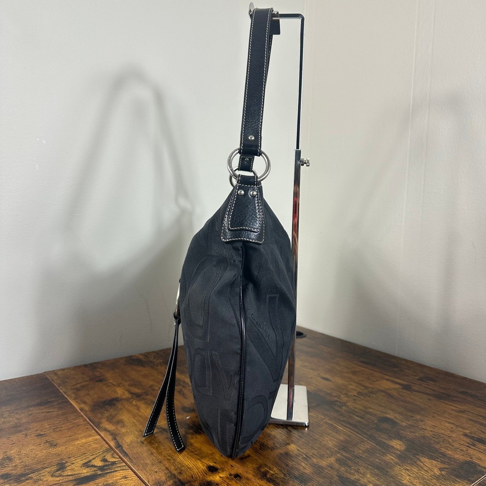 Dolce & Gabbana Black Logo Jacquard Hobo Shoulder Bag Leather Trim Ring Detail