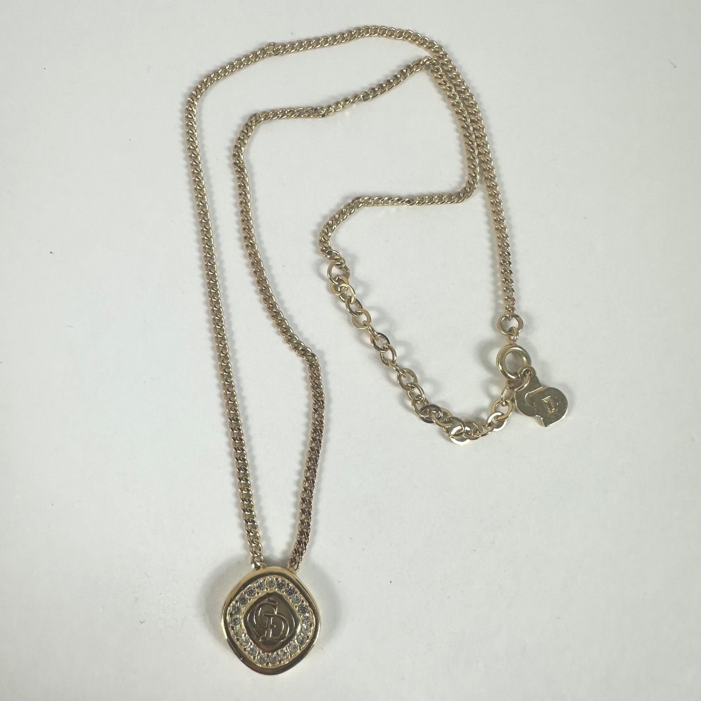 Vintage Christian Dior CD Logo Gold Crystal Pendant Necklace Chain
