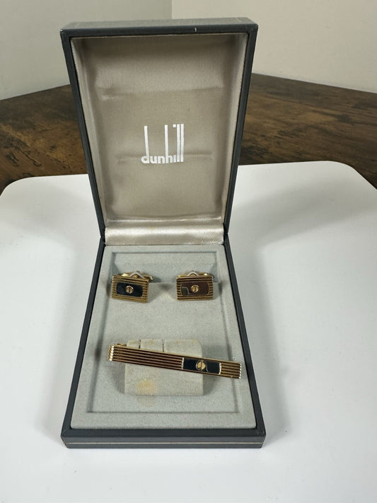 Dunhill Vintage Gold Plated Cufflinks & Tie Clip Set With Box