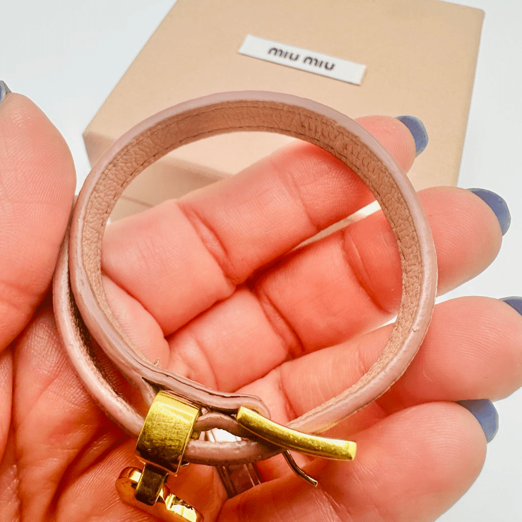 Miu Miu Heart Charm Pink Leather Bracelet With Box