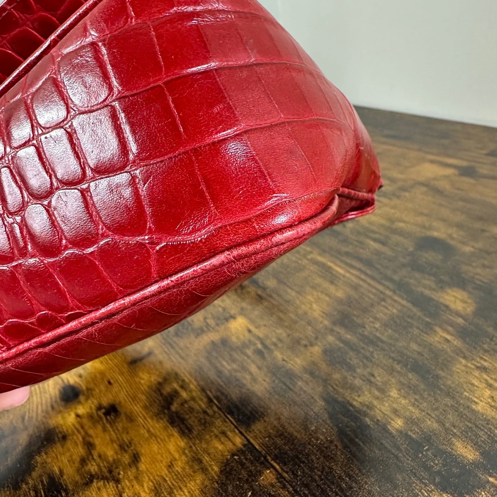 Salvatore Ferragamo Crossbody Bag Red Leather Croc Embossed Shoulder Purse