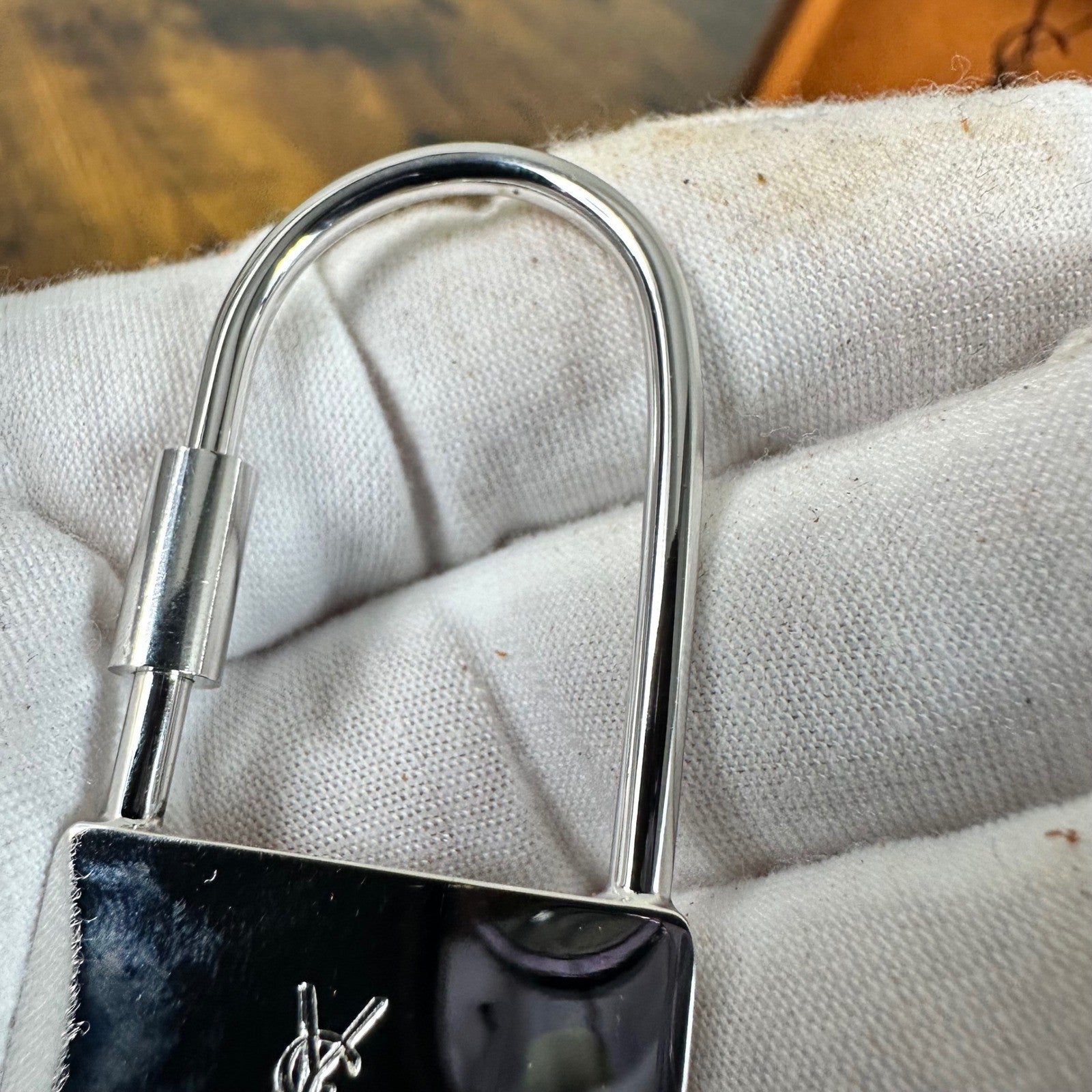 YSL Yves Saint Laurent Padlock Bag Charm Key Ring Silver Greek Key w/Box Vintage