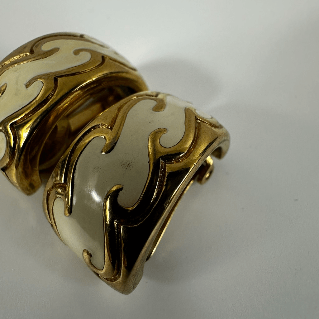 Christian Dior Vintage Hoop Clip On Earrings White Enamel Gold Tone Signed