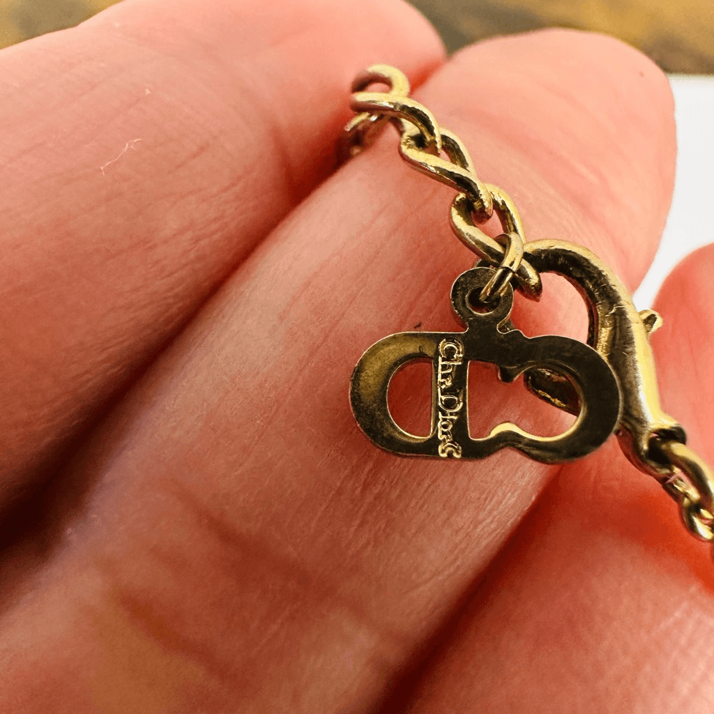 Christian Dior CD Logo Faux Pearl Pendant Necklace Gold Tone