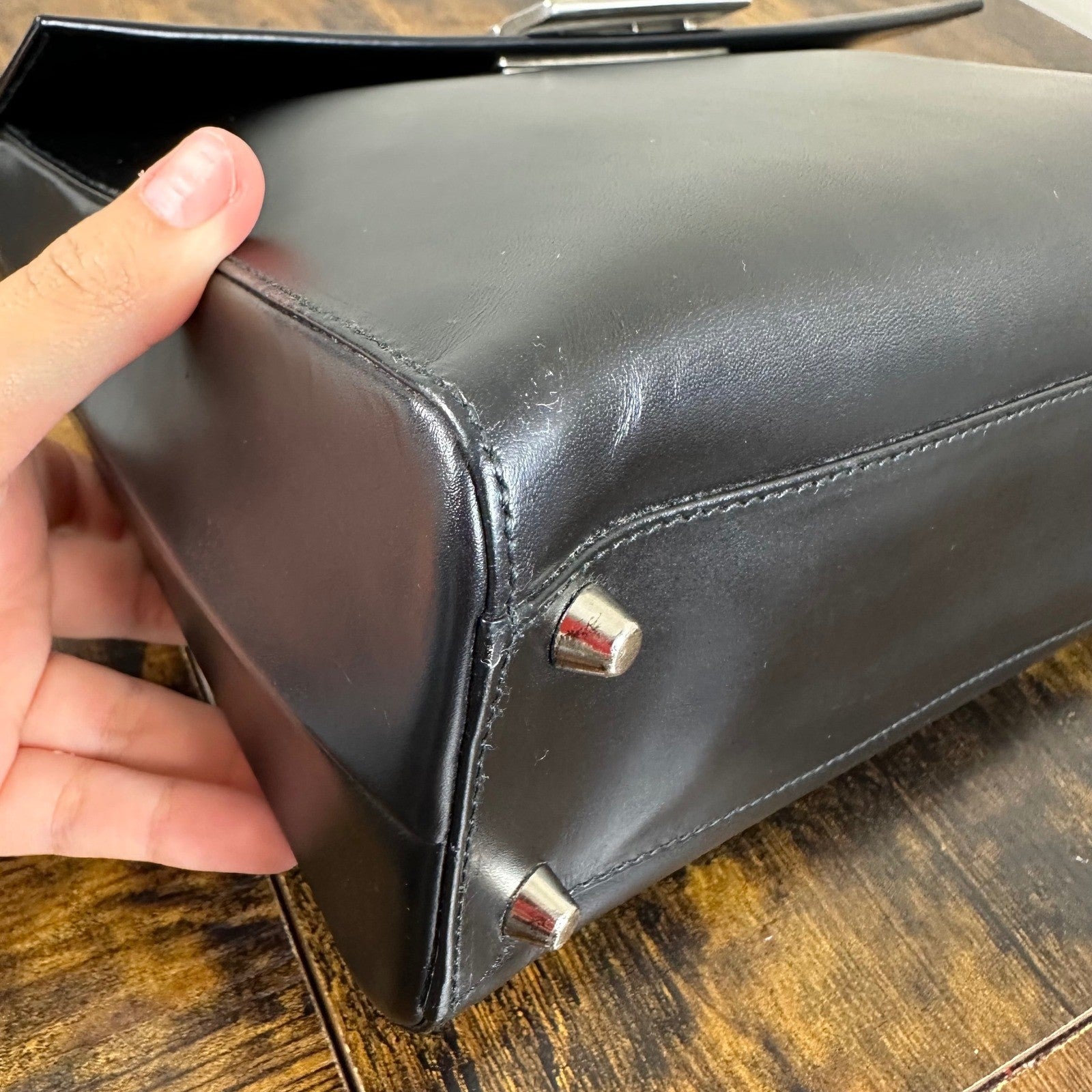 Prada Milano Vitello Lissato Black Leather Top Handle Bag Authentic Designer