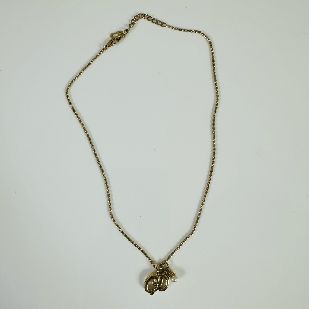 Christian Dior CD Logo Faux Pearl Pendant Necklace Gold Tone