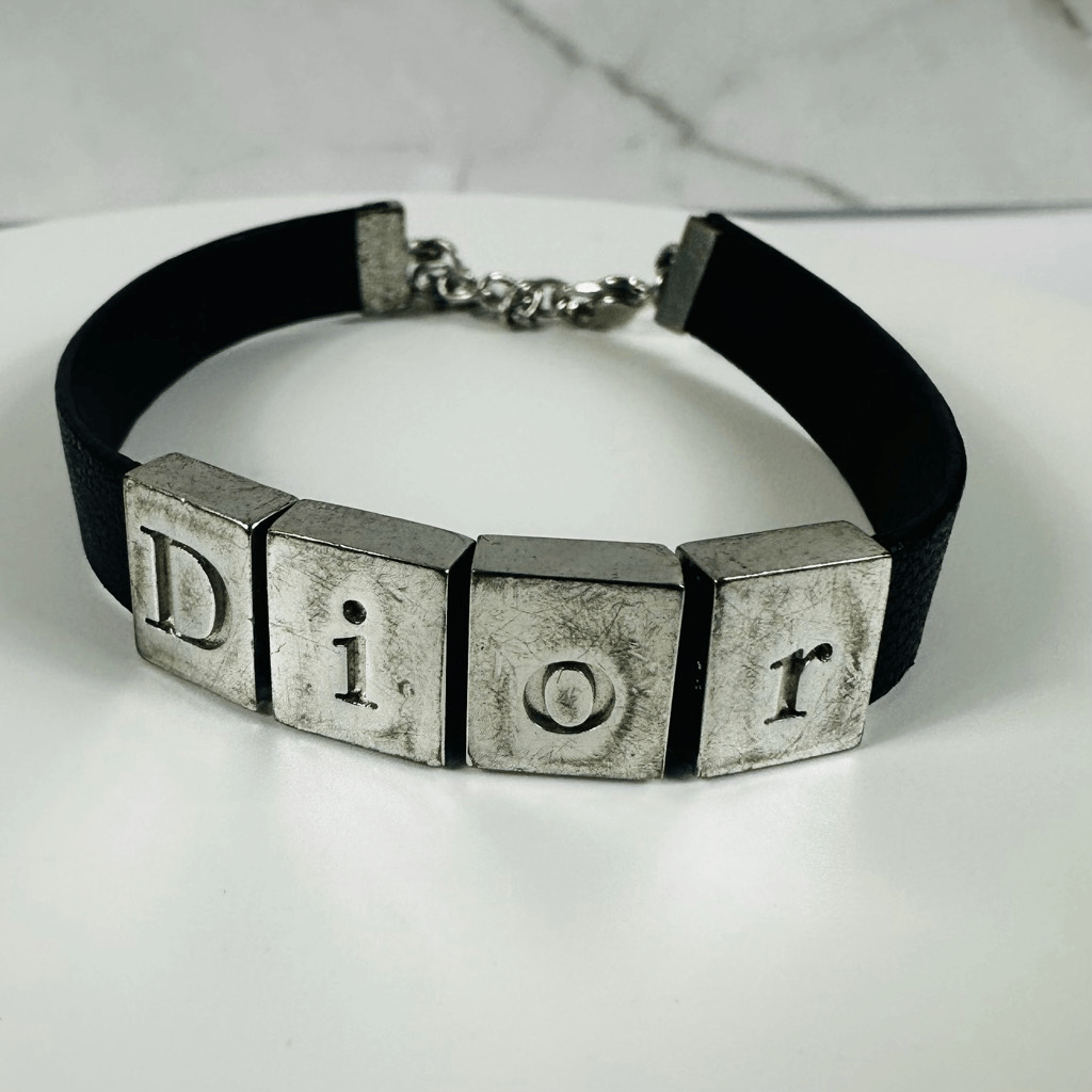 Christian Dior Leather Silver Tone Adjustable Bracelet