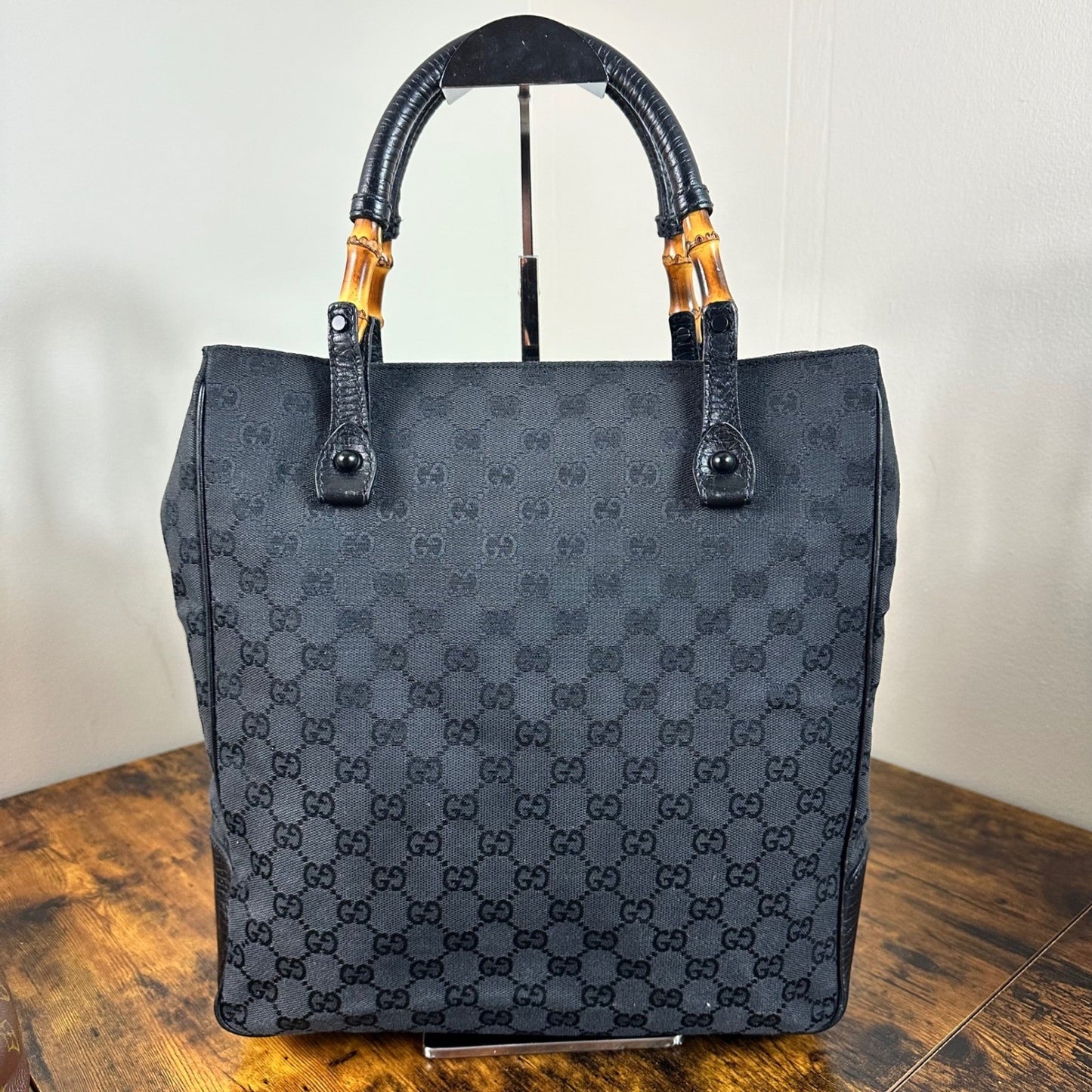 Gucci GG Canvas Bamboo Handle Tote Bag Handbag Black