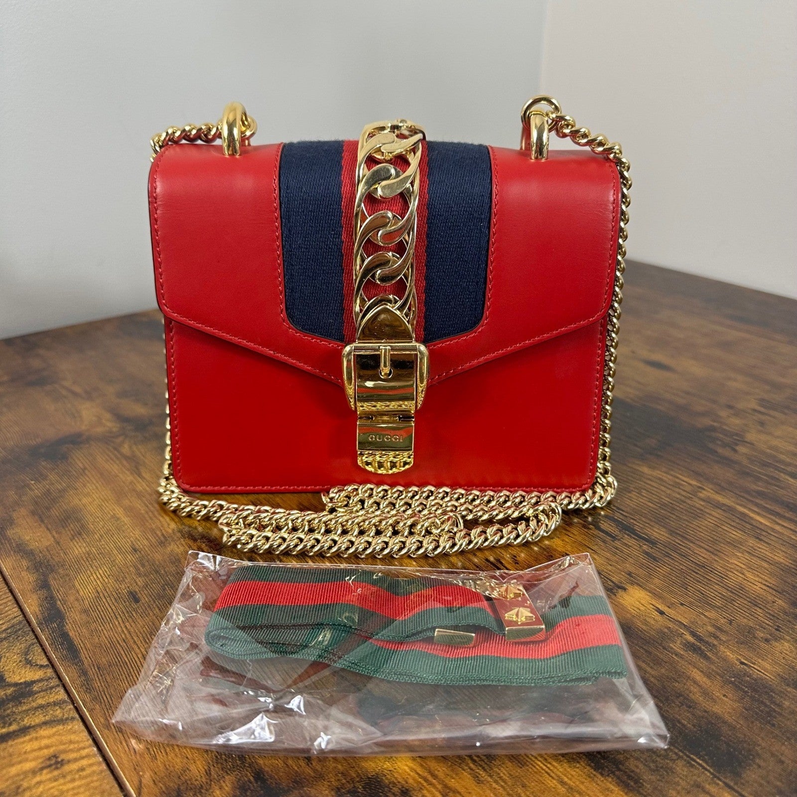 Gucci Sylvie Red Leather Chain Shoulder Bag Mini