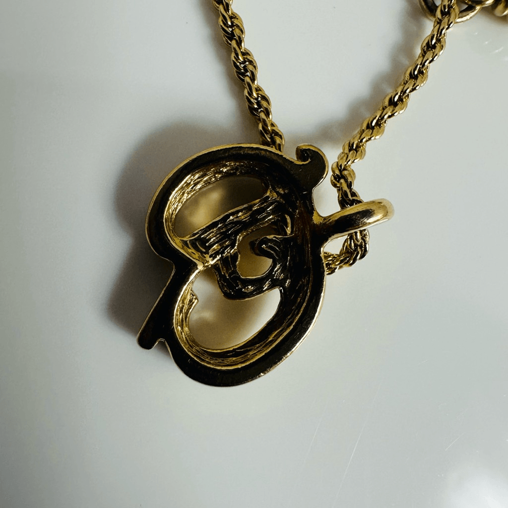 Christian Dior CD Logo Faux Pearl Pendant Necklace Gold Tone