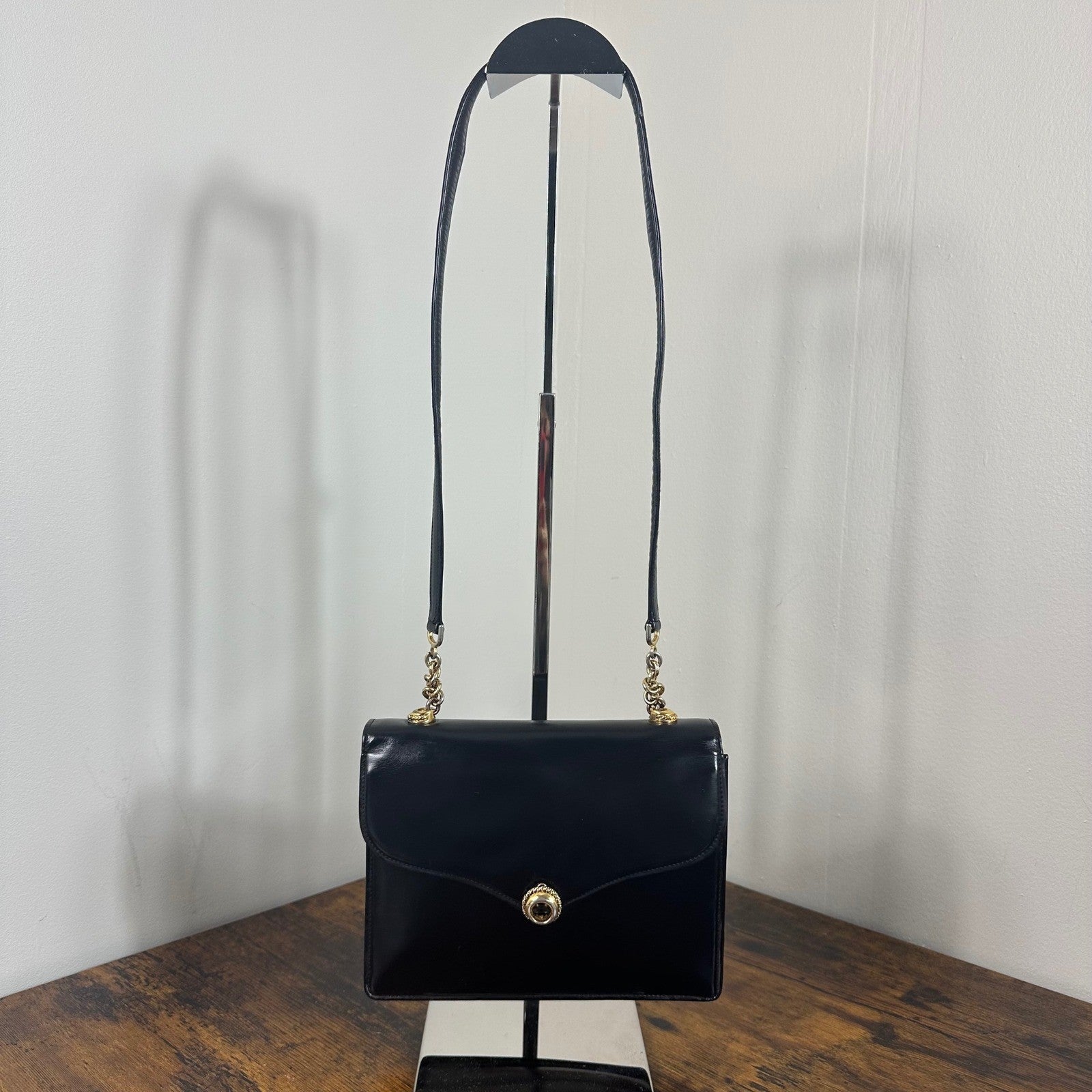 Vintage Gucci Black Leather Flap Chain Shoulder Handbag Evening Bag Authentic