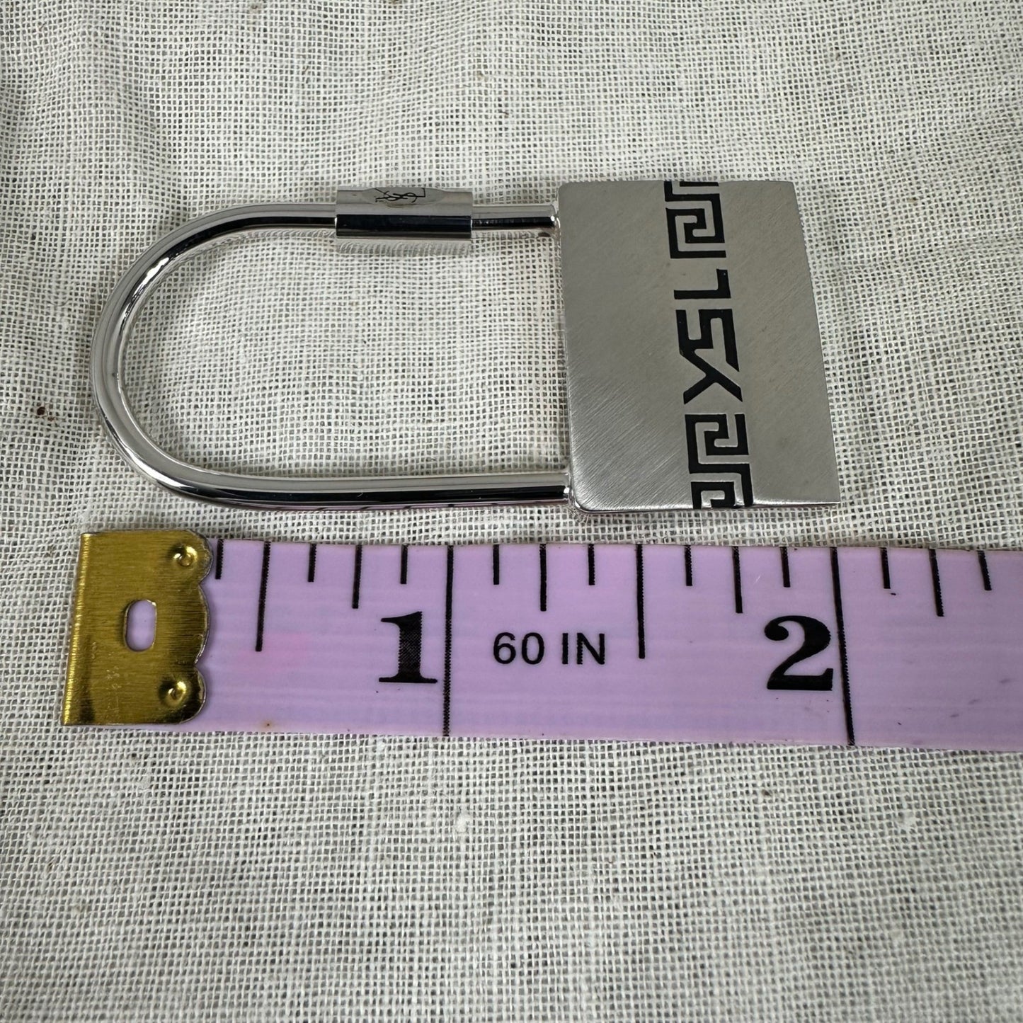 YSL Yves Saint Laurent Padlock Bag Charm Key Ring Silver Greek Key w/Box Vintage