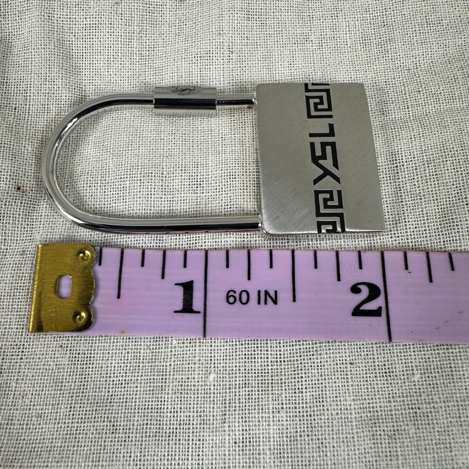 YSL Yves Saint Laurent Padlock Bag Charm Key Ring Silver Greek Key w/Box Vintage