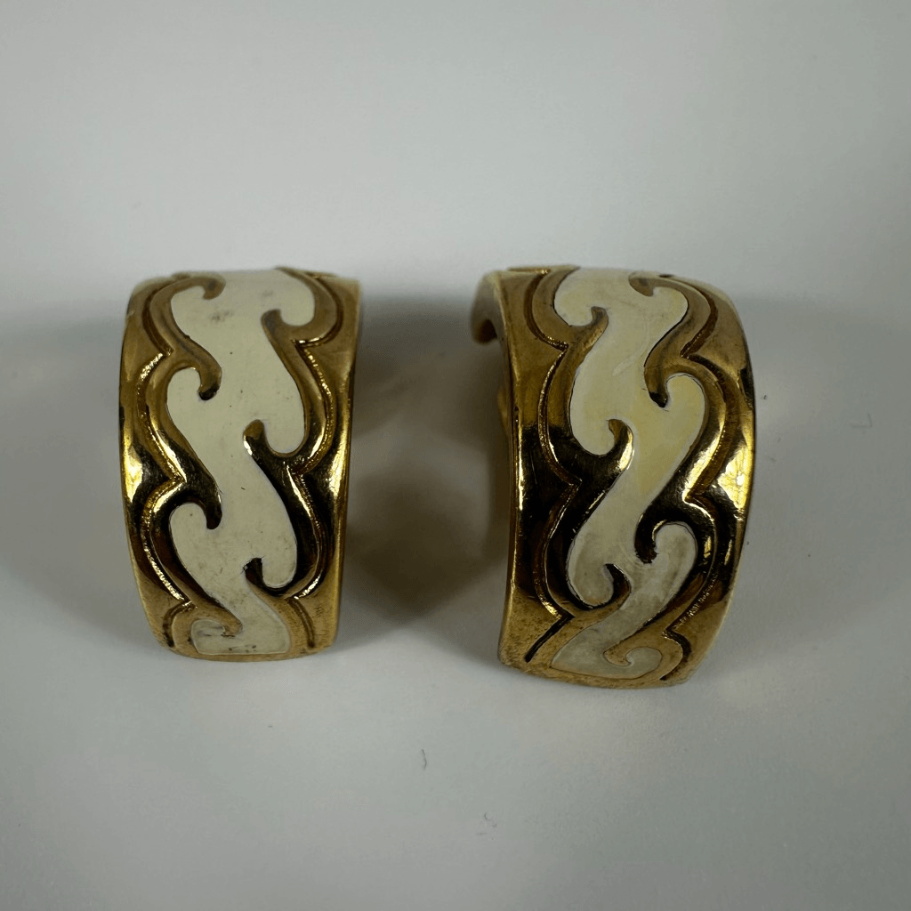 Christian Dior Vintage Hoop Clip On Earrings White Enamel Gold Tone Signed