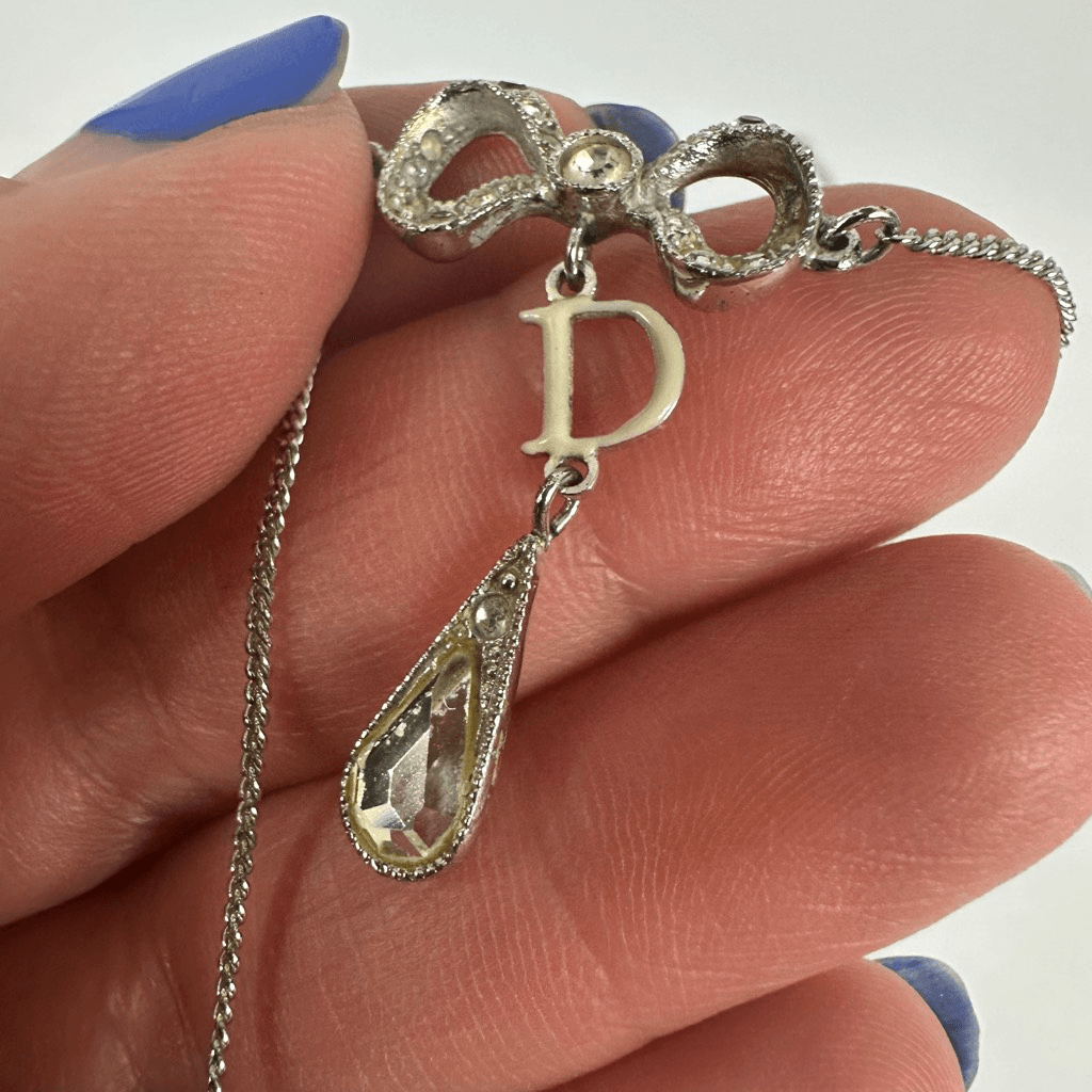 Christian Dior Letter D” Y-Drop Silver Tone Rhinestone Pendant Necklace