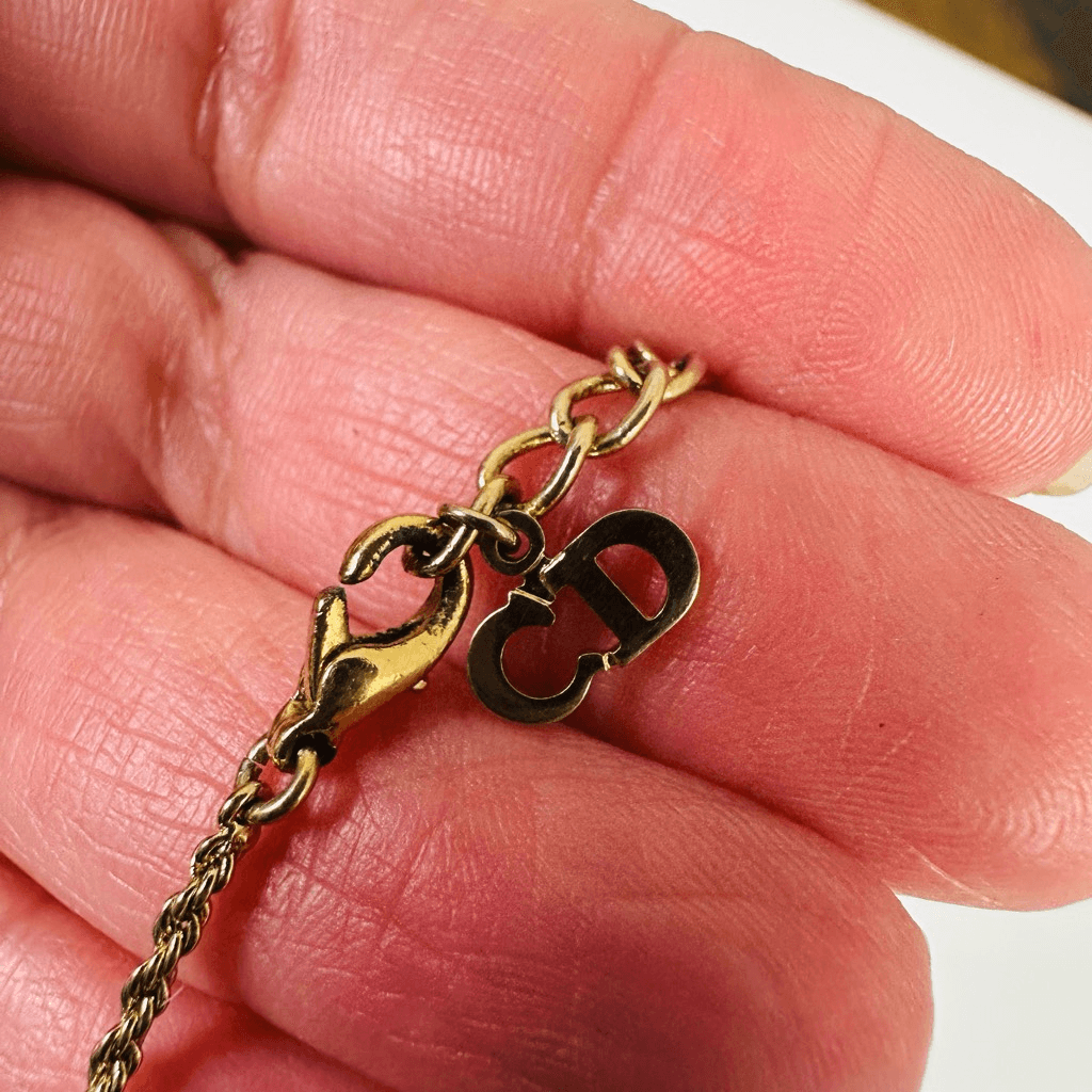 Christian Dior CD Logo Faux Pearl Pendant Necklace Gold Tone