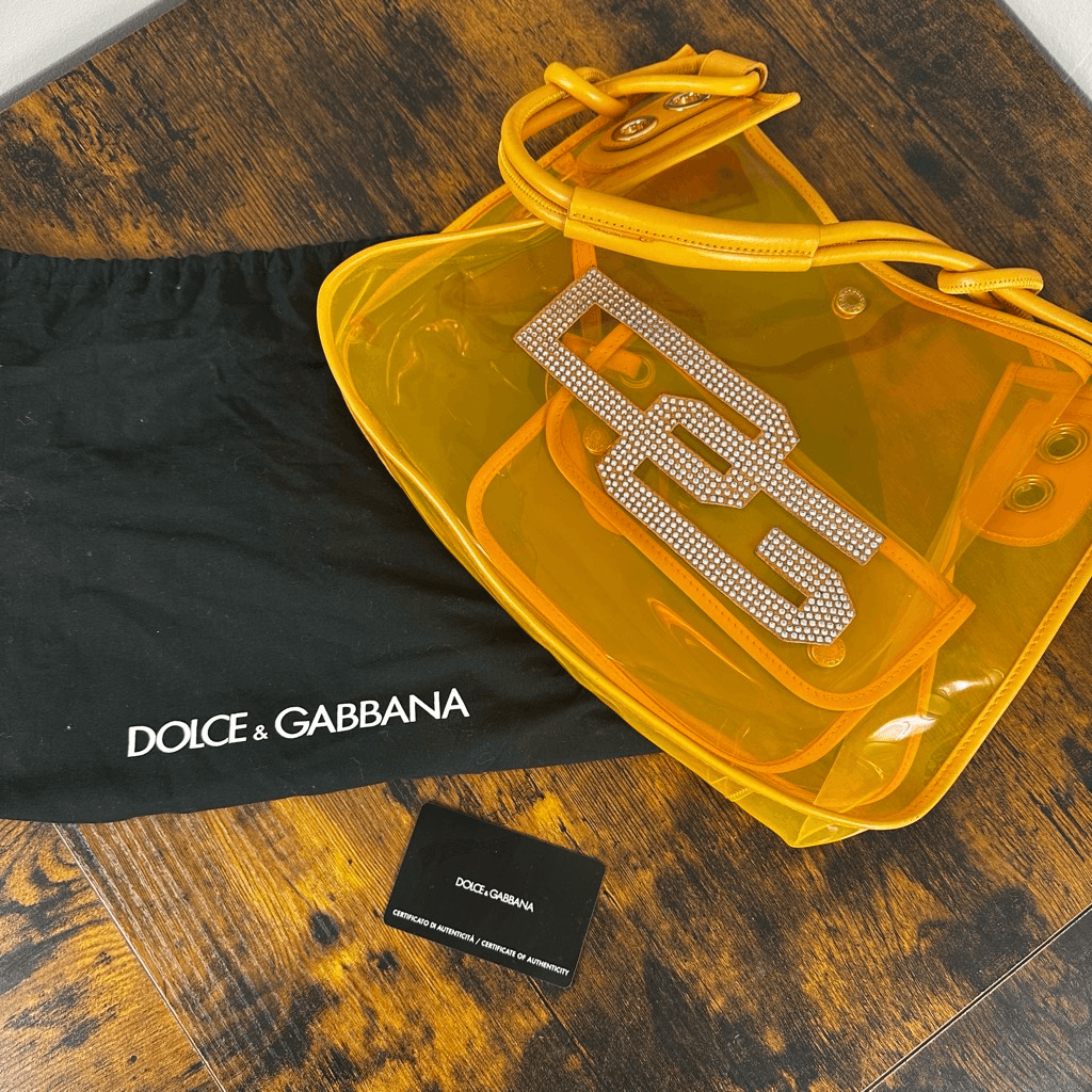 Dolce & Gabbana D&G Rhinestone Embellished Clear Orange Vinyl Tote Bag