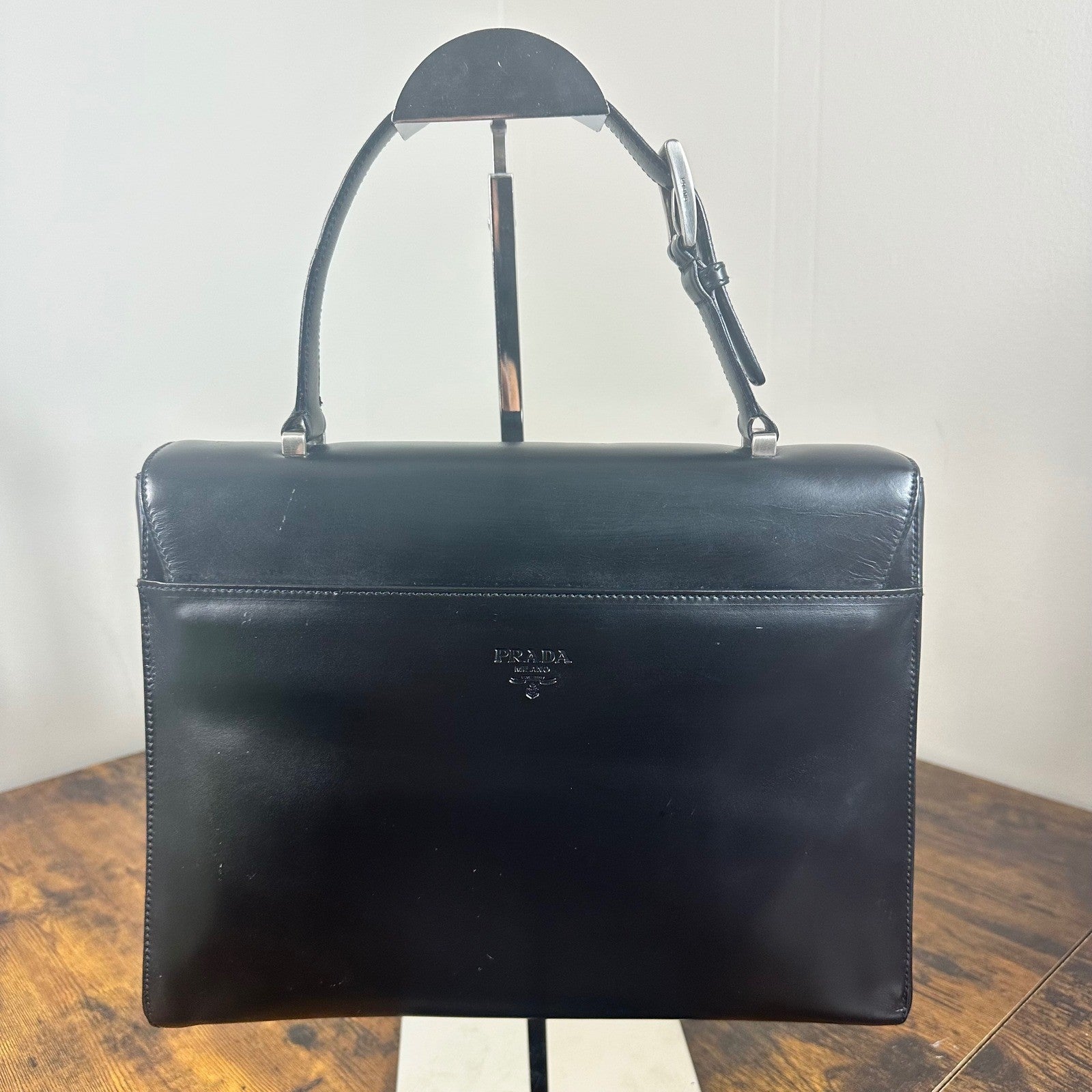 Prada Milano Vitello Lissato Black Leather Top Handle Bag Authentic Designer