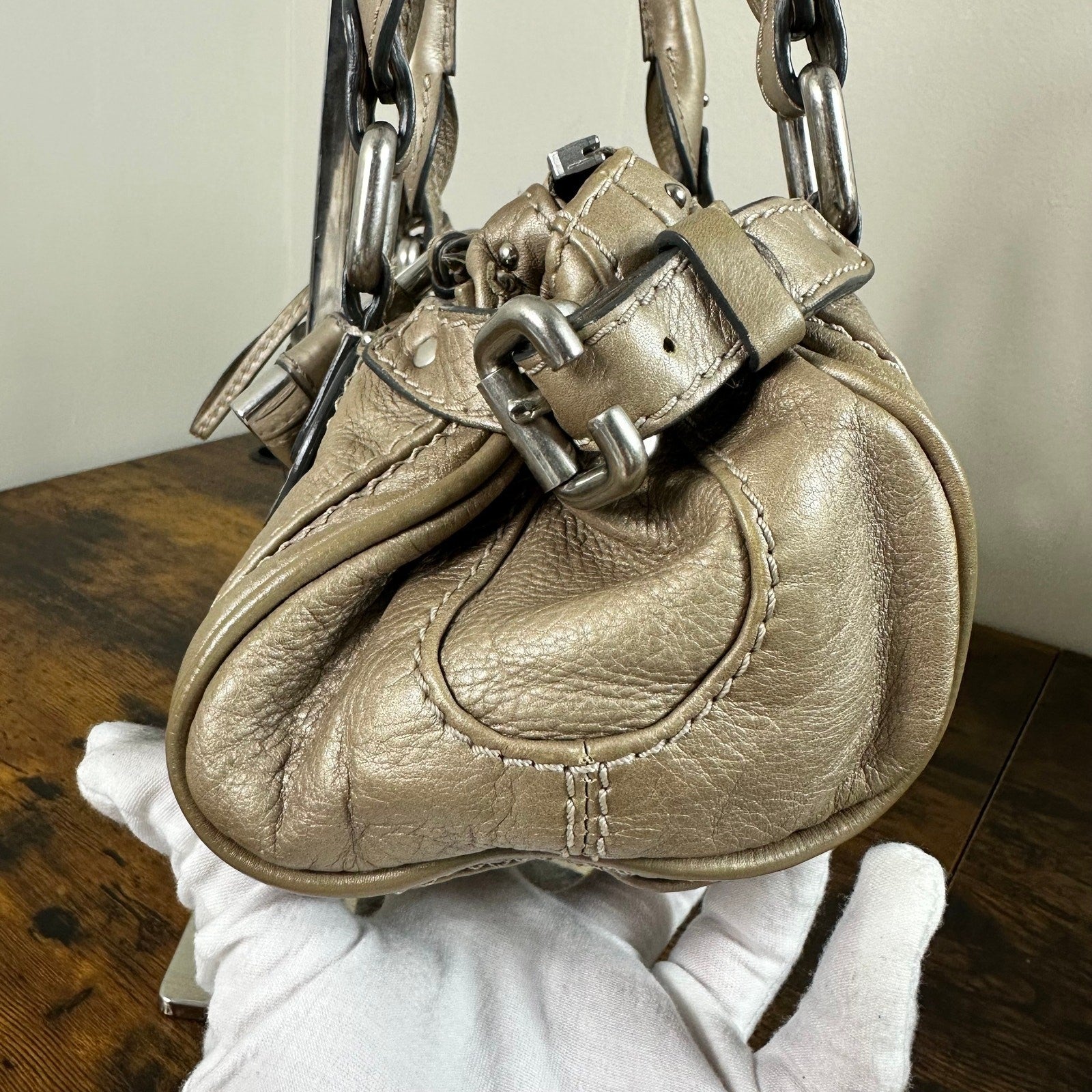 Authentic Chloe Paddington Mini Bag Beige Metallic Leather Vintage