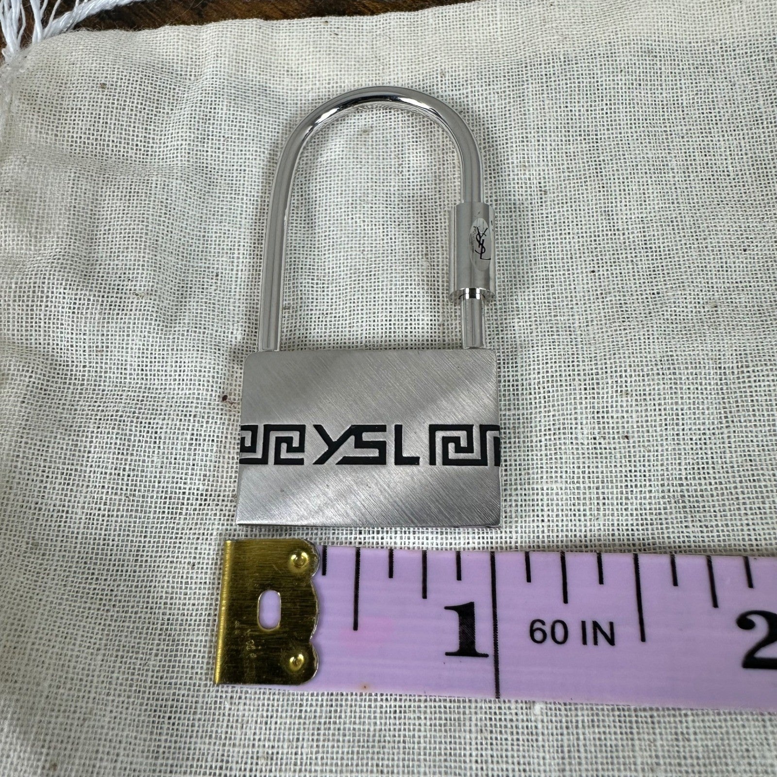 YSL Yves Saint Laurent Padlock Bag Charm Key Ring Silver Greek Key w/Box Vintage