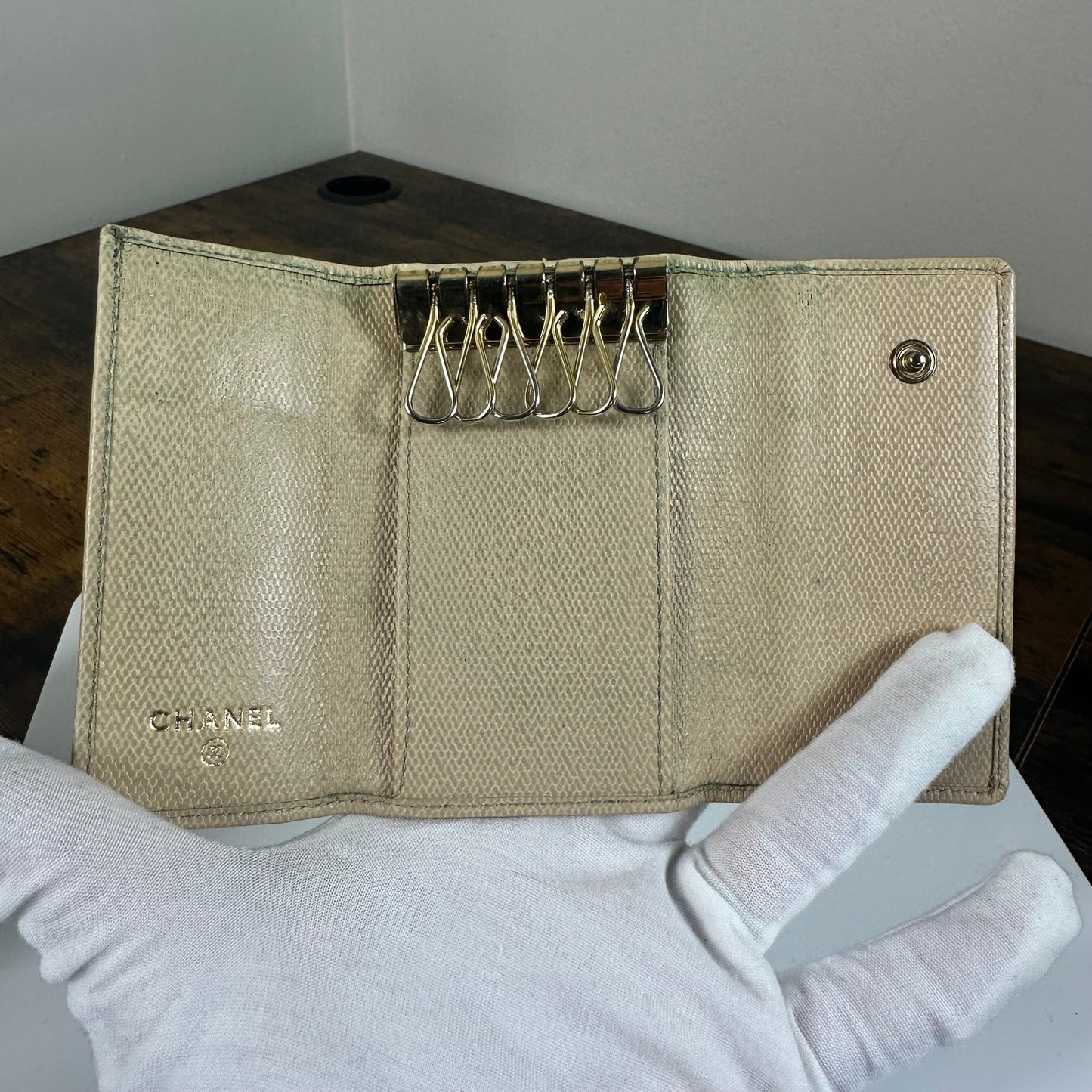 Authentic Chanel CC Beige Leather Key Holder Wallet