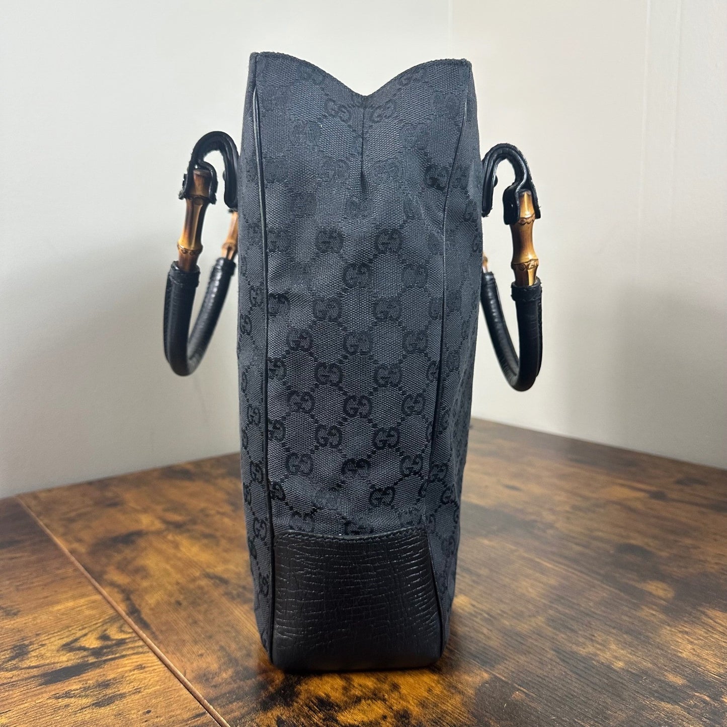 Gucci GG Canvas Bamboo Handle Tote Bag Handbag Black