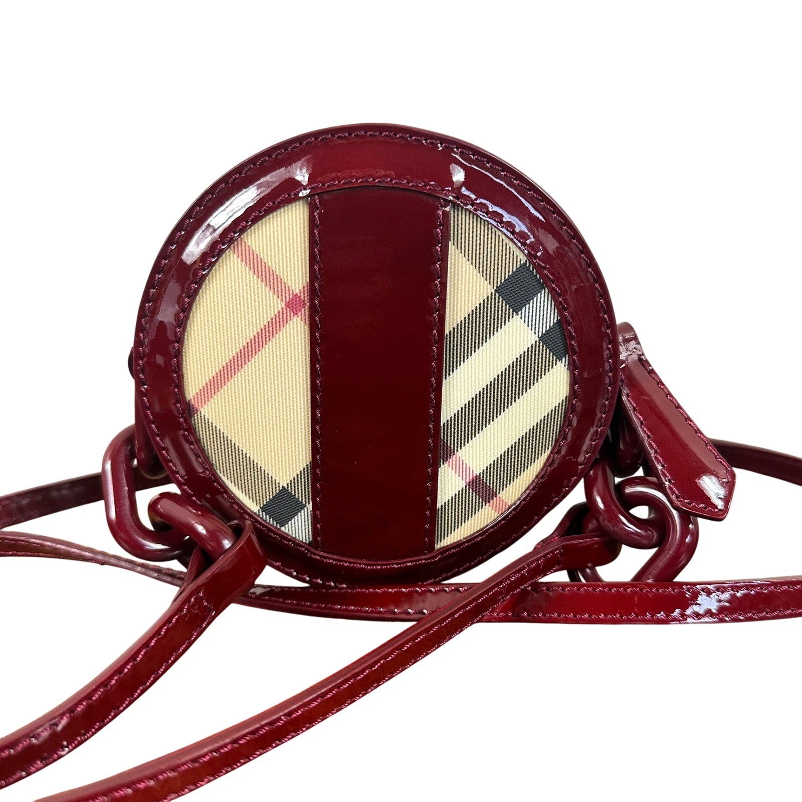 Rare Burberry Patent Leather Round Studded Crossbody Mini Nova Check Italy