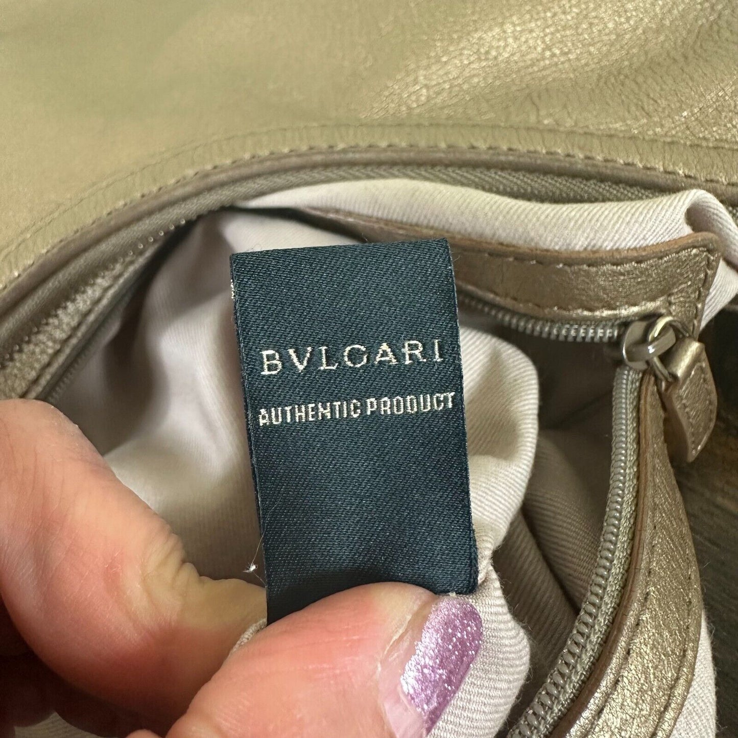 Bvlgari Logo Metallic Beige Leather Shoulder Bag Authenticated W/ COA