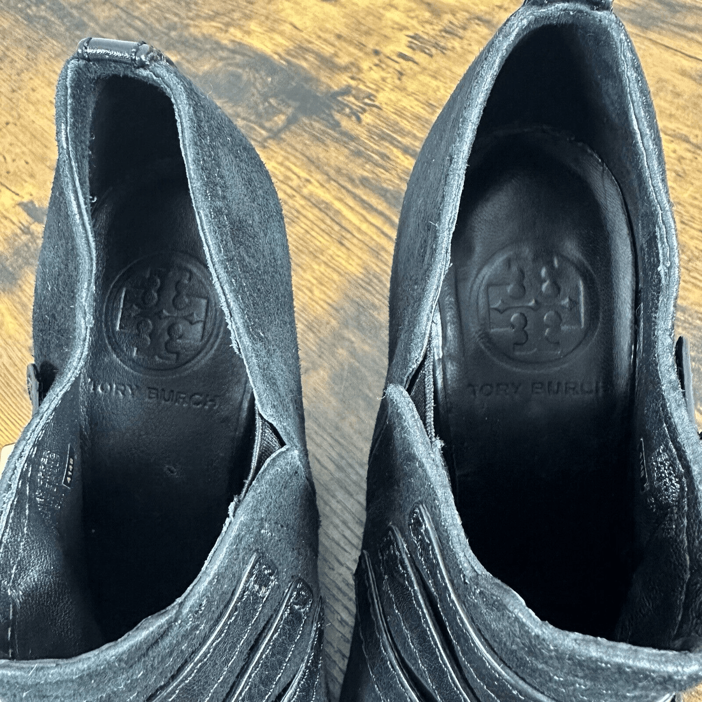 Tory Burch Gabrielle Buckle Suede Black Wedge Booties Size 6